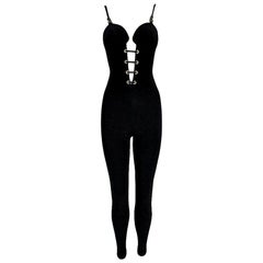 S/S 1992 Gianni Versace Combinaison noire à corset plongeant et dentelle