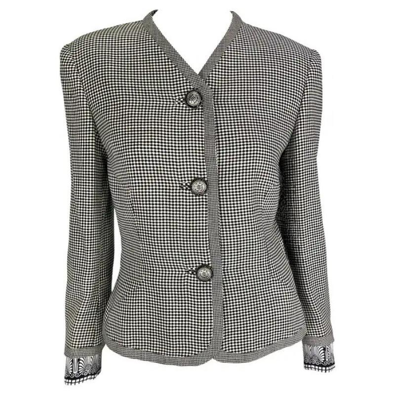 F/S 1992 Gianni Versace Schwarz-weiß karierte Barockjacke mit Strasssteinen