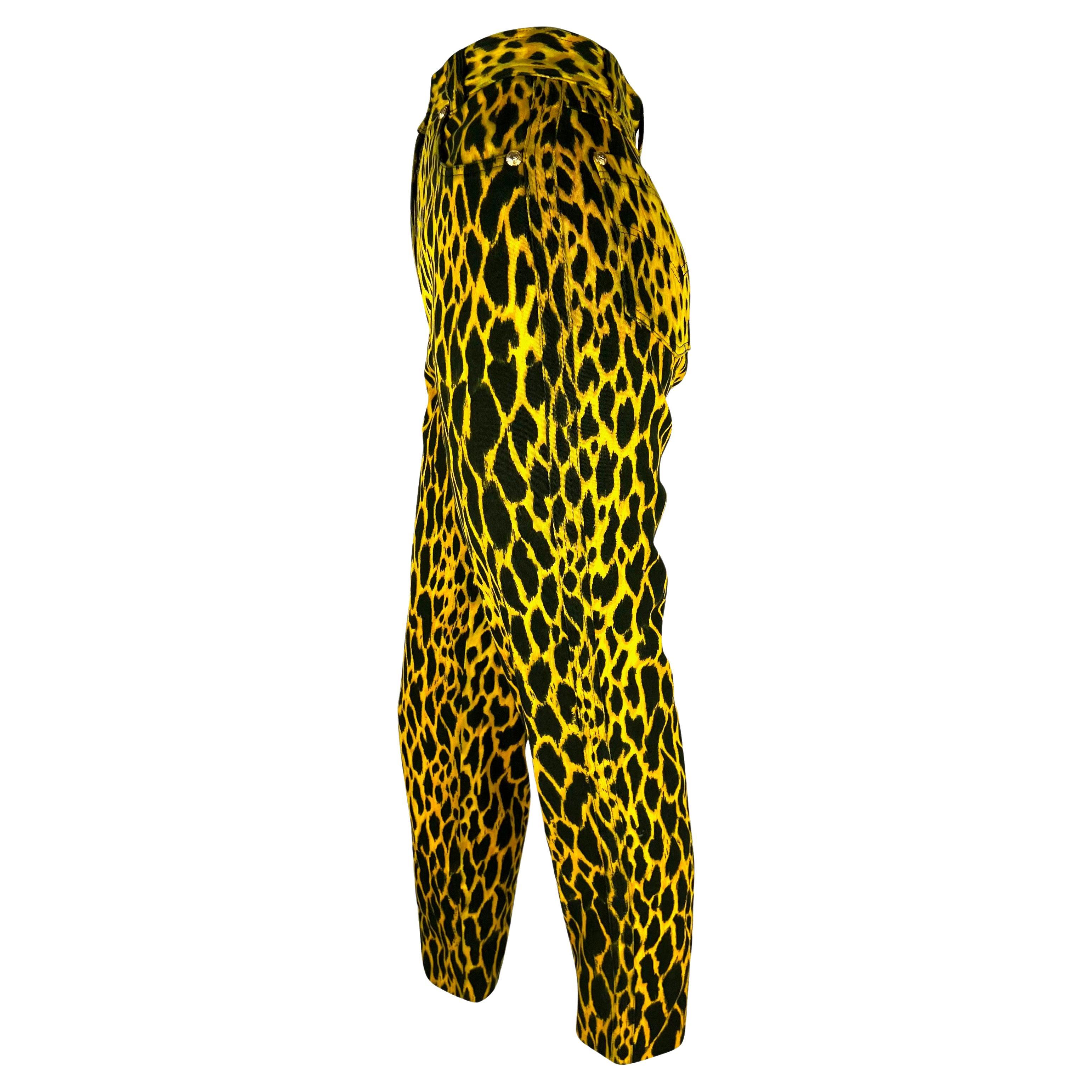 S/S 1992 Gianni Versace Runway Cheetah Print Yellow Black Cotton Stretch Jeans In Good Condition For Sale In West Hollywood, CA