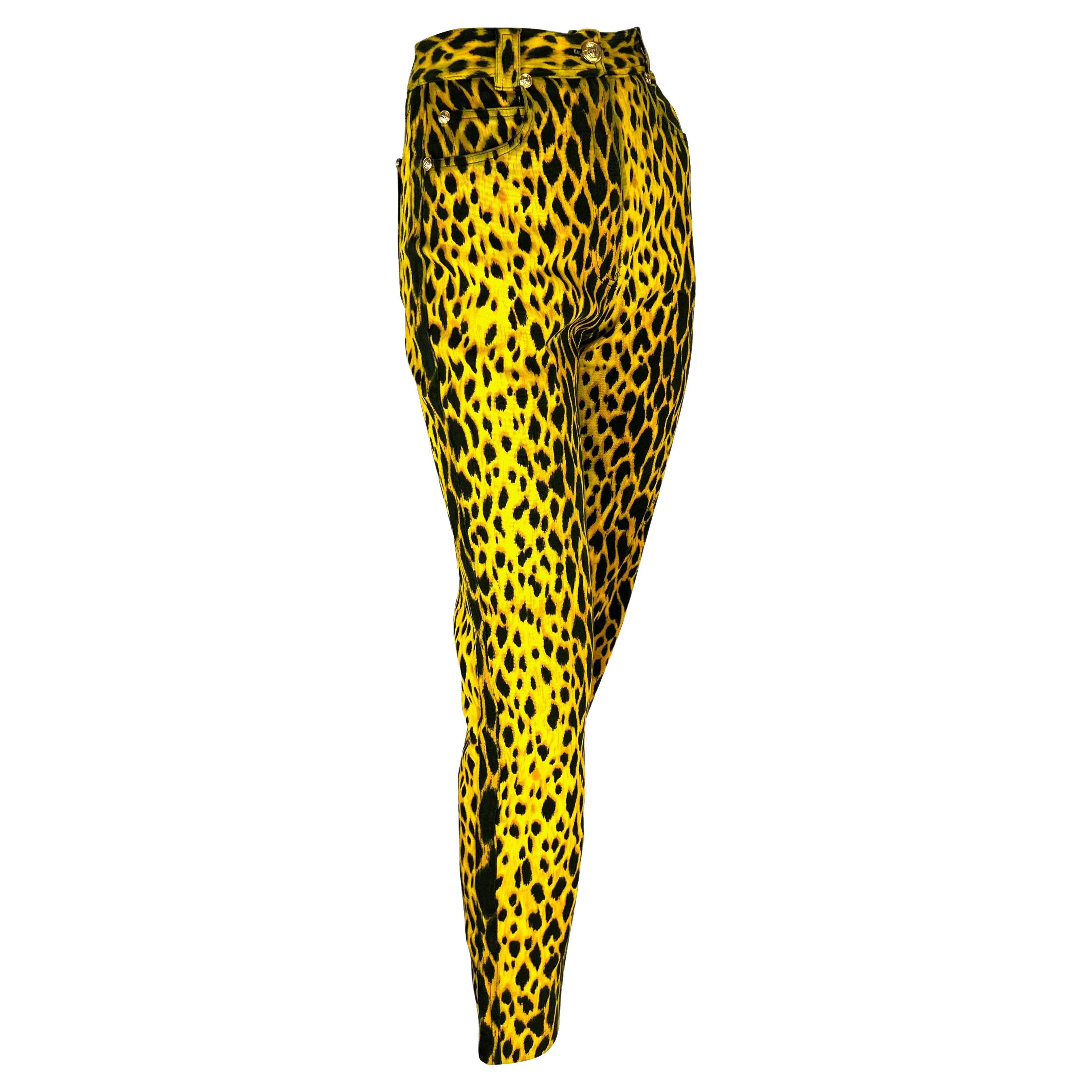 S/S 1992 Gianni Versace Runway Cheetah Print Yellow Black Cotton Stretch Jeans For Sale 2