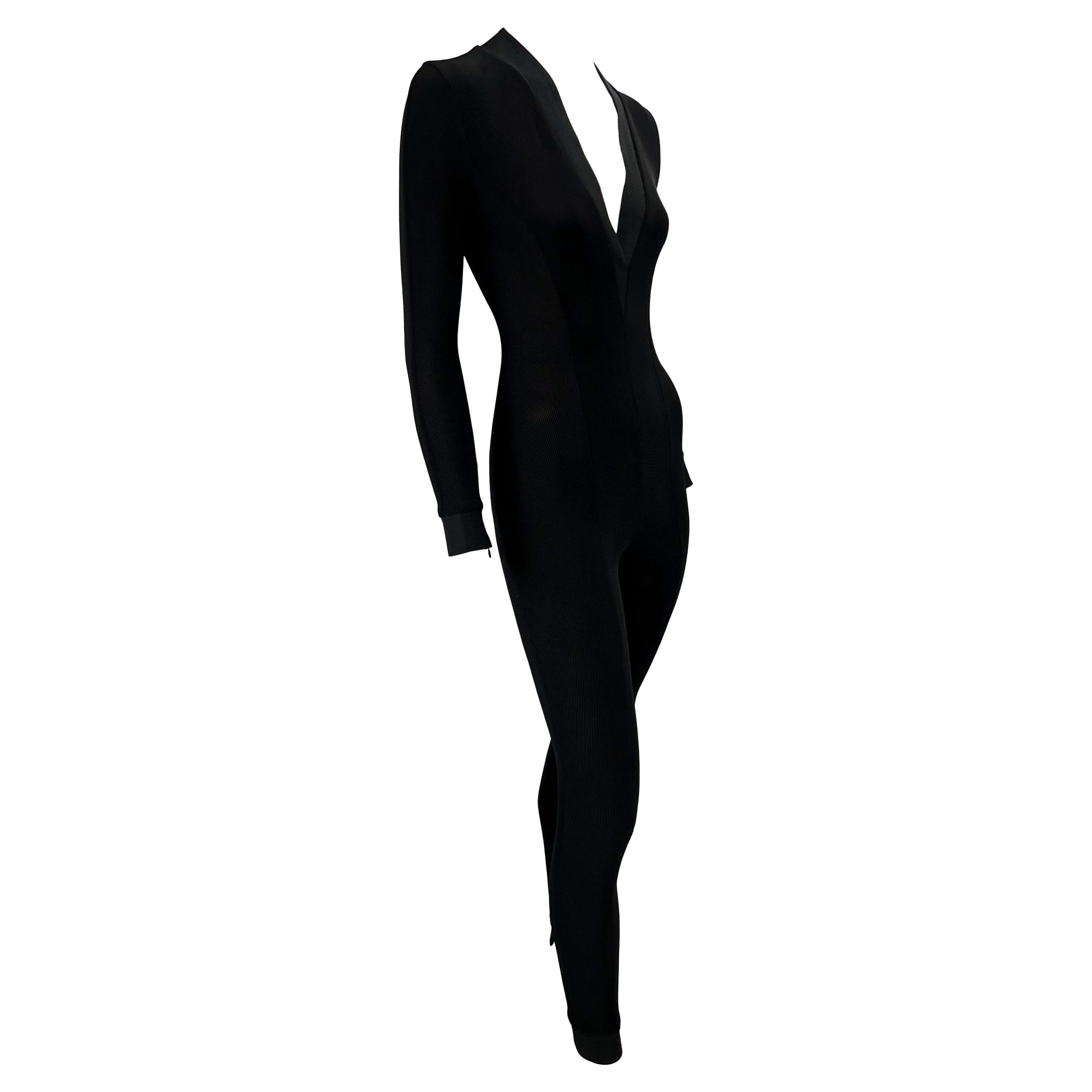 Women's S/S 1992 Gianni Versace Couture Black Ribbed Stretch Plunging Catsuit For Sale