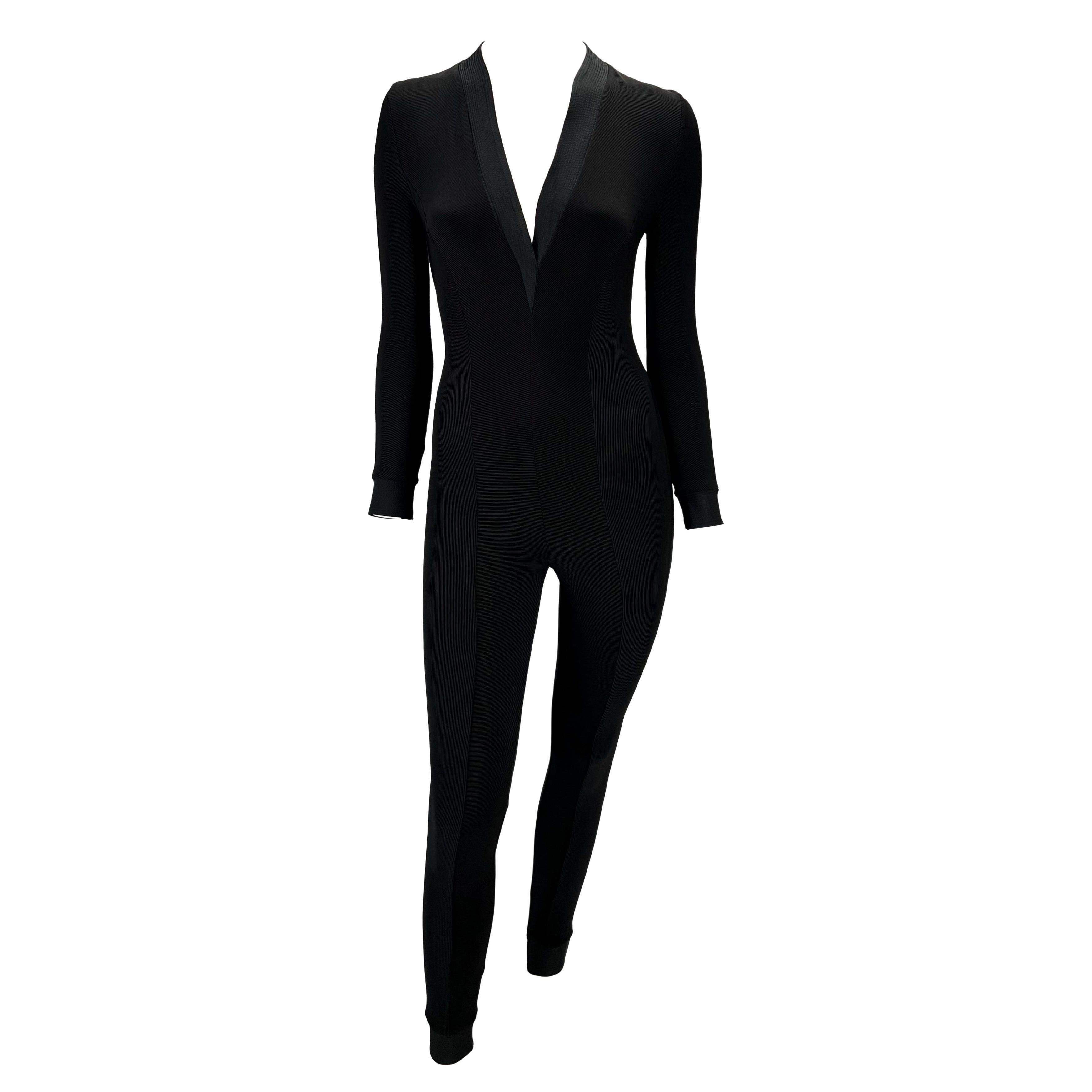 S/S 1992 Gianni Versace Couture Black Ribbed Stretch Plunging Catsuit