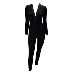 Vintage S/S 1992 Gianni Versace Couture Black Ribbed Stretch Plunging Catsuit