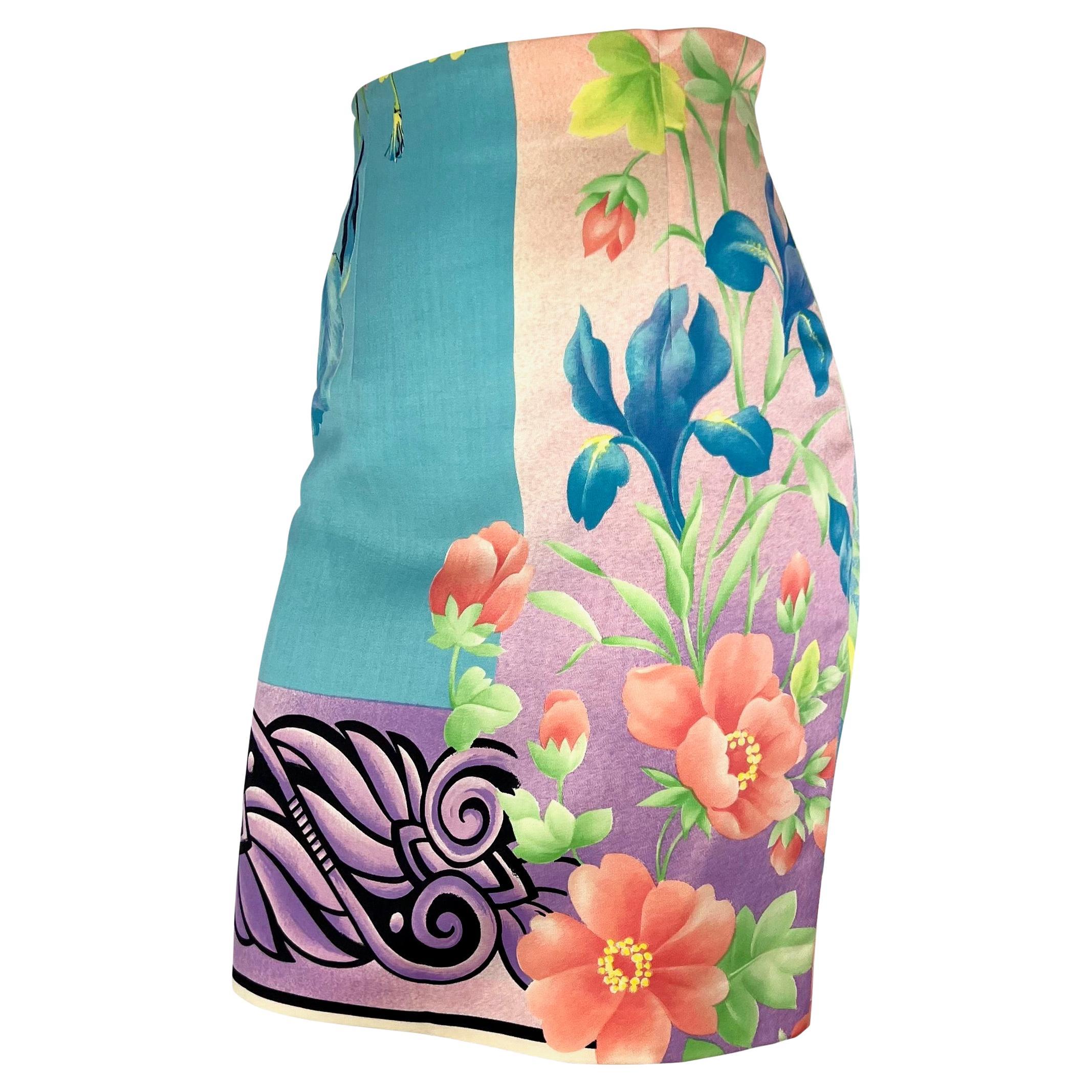 Presenting a fabulous pastel Gianni Versace pencil skirt, designed by Gianni Versace. From the Spring/Summer 1992 collection, this skirt features an enchanting combination of floral and Roman motifs, a testament to the brand's unique vision. The