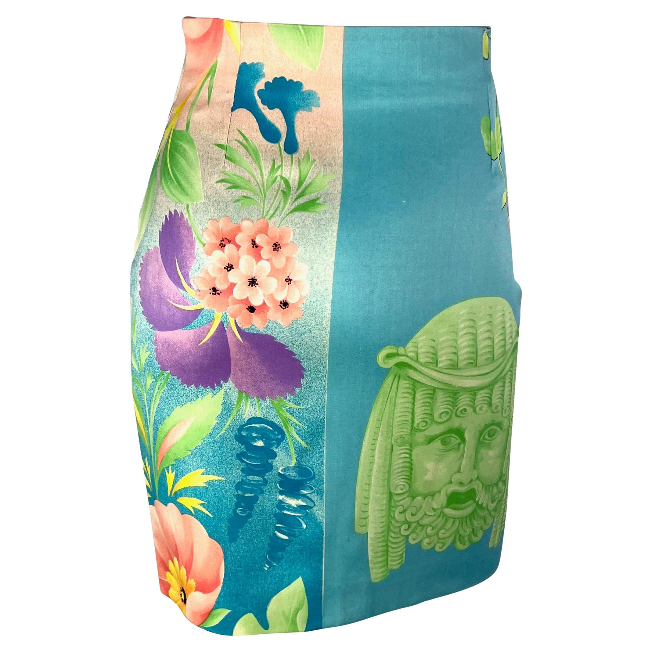 Women's S/S 1992 Gianni Versace Couture Pastel Floral Mask Print Blue Pencil Skirt For Sale