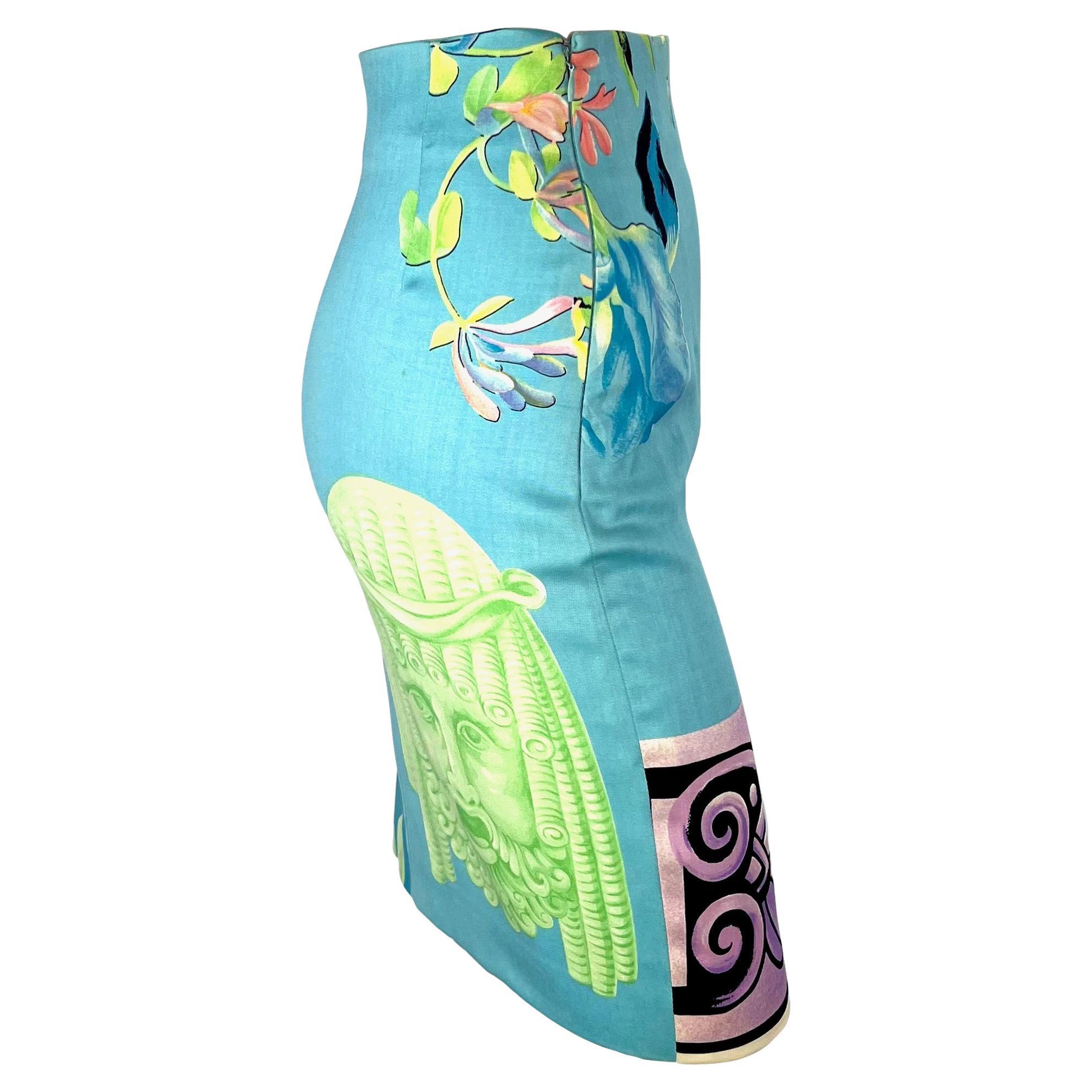 S/S 1992 Gianni Versace Couture Pastel Floral Mask Print Blue Pencil Skirt For Sale 1