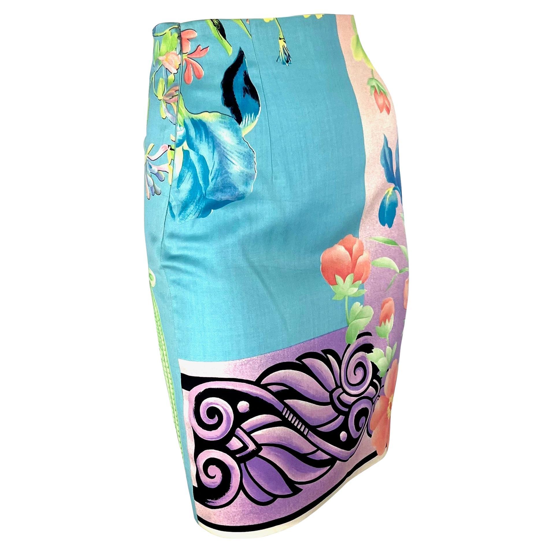 S/S 1992 Gianni Versace Couture Pastel Floral Mask Print Blue Pencil Skirt For Sale 2