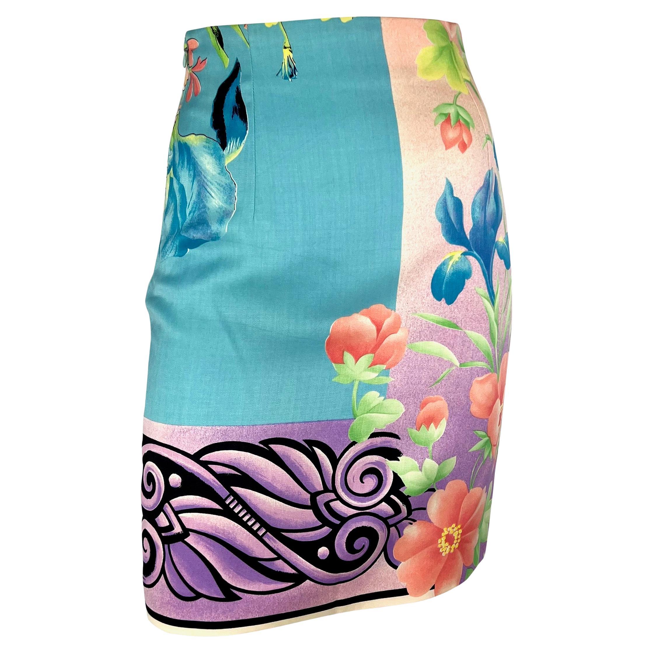 S/S 1992 Gianni Versace Couture Pastel Floral Mask Print Blue Pencil Skirt For Sale