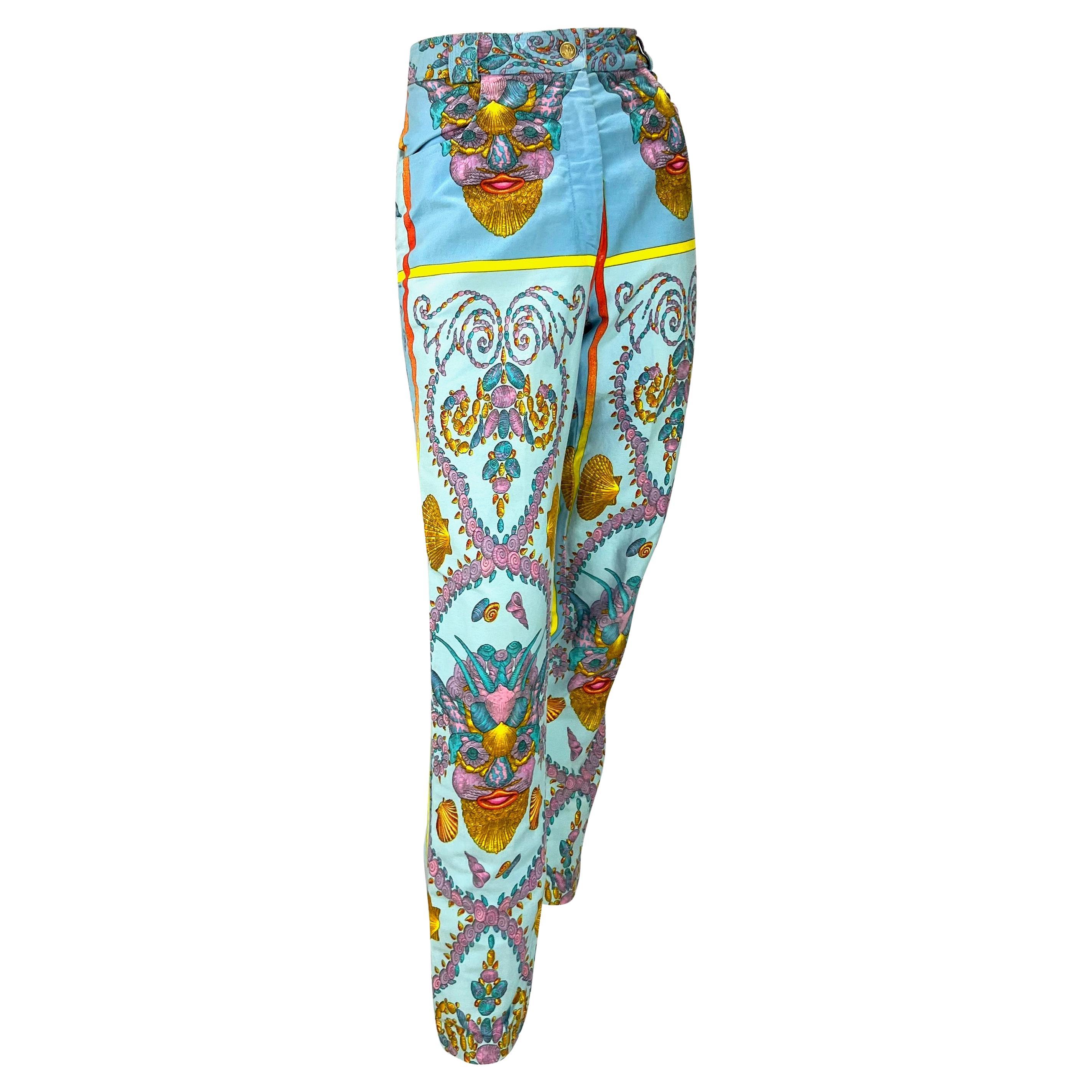 S/S 1992 Gianni Versace Couture Runway Baby Blue Seashell Print Jeans In Good Condition For Sale In West Hollywood, CA