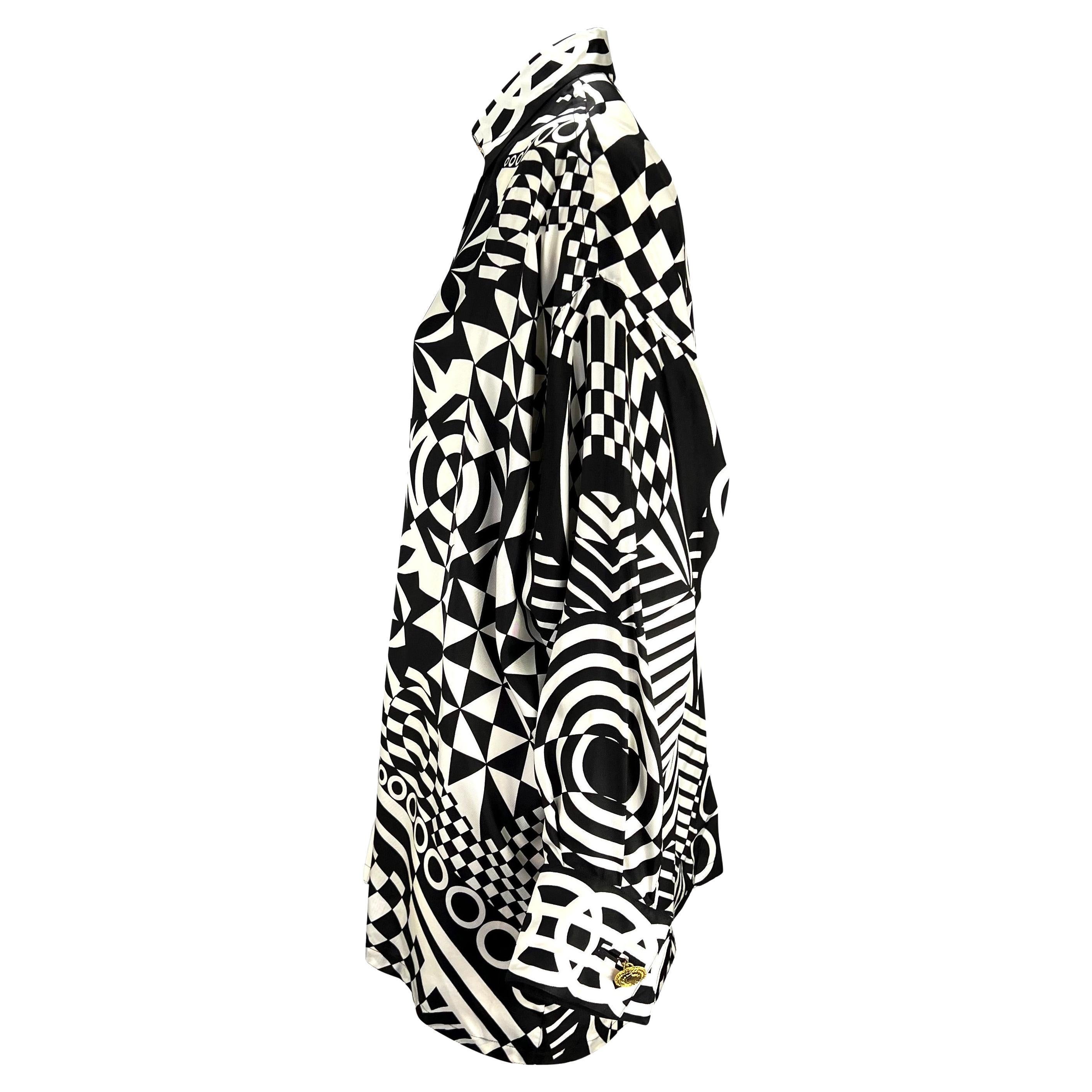 Women's S/S 1992 Gianni Versace Couture Silk Black & White Geometric Print Button Down For Sale