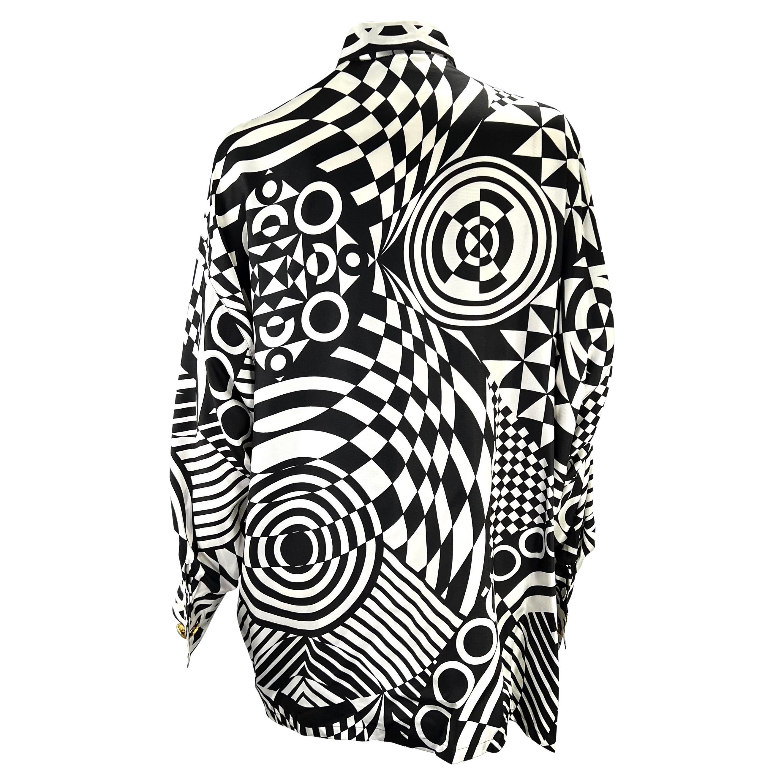 S/S 1992 Gianni Versace Couture Silk Black & White Geometric Print Button Down For Sale 1