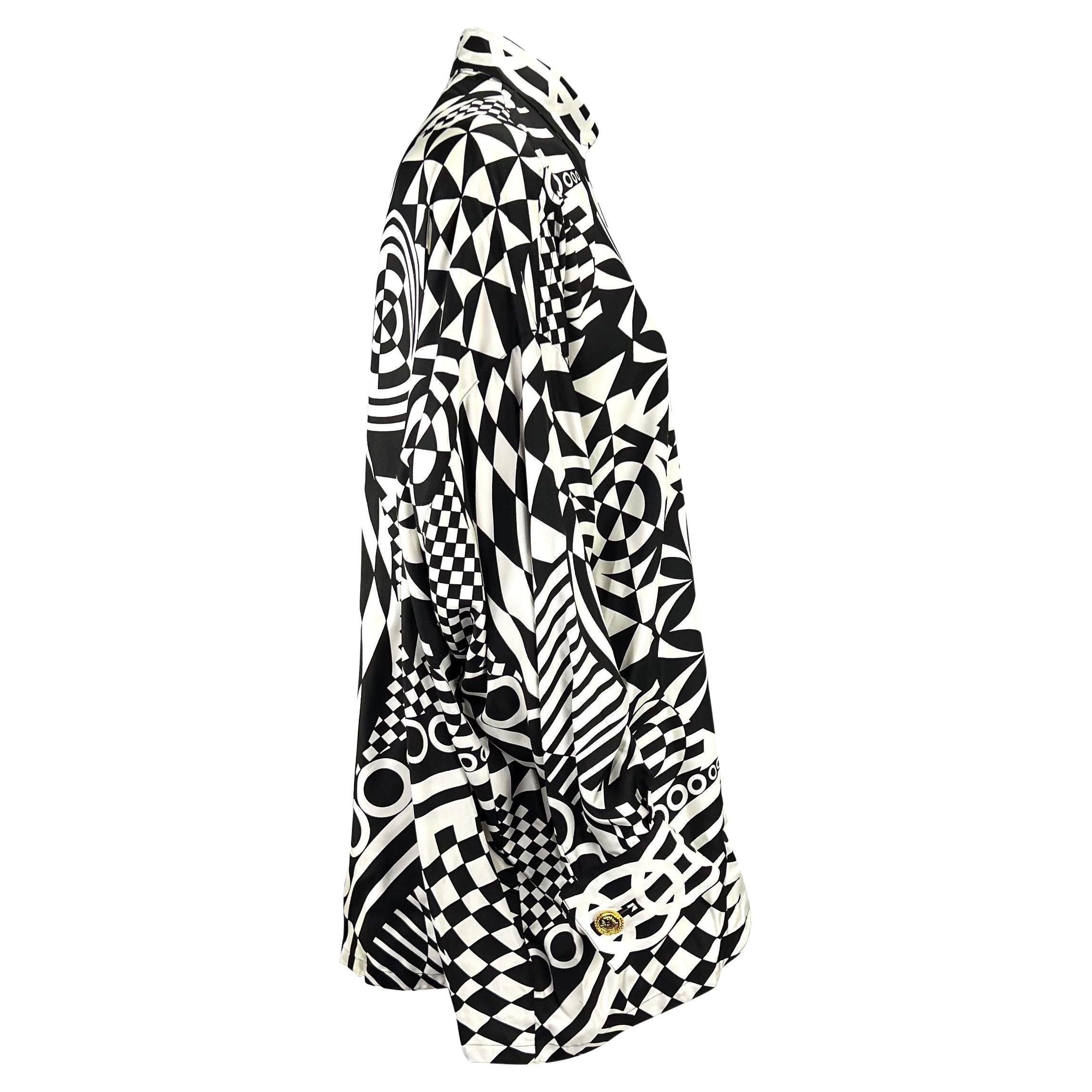 S/S 1992 Gianni Versace Couture Silk Black & White Geometric Print Button Down For Sale 2