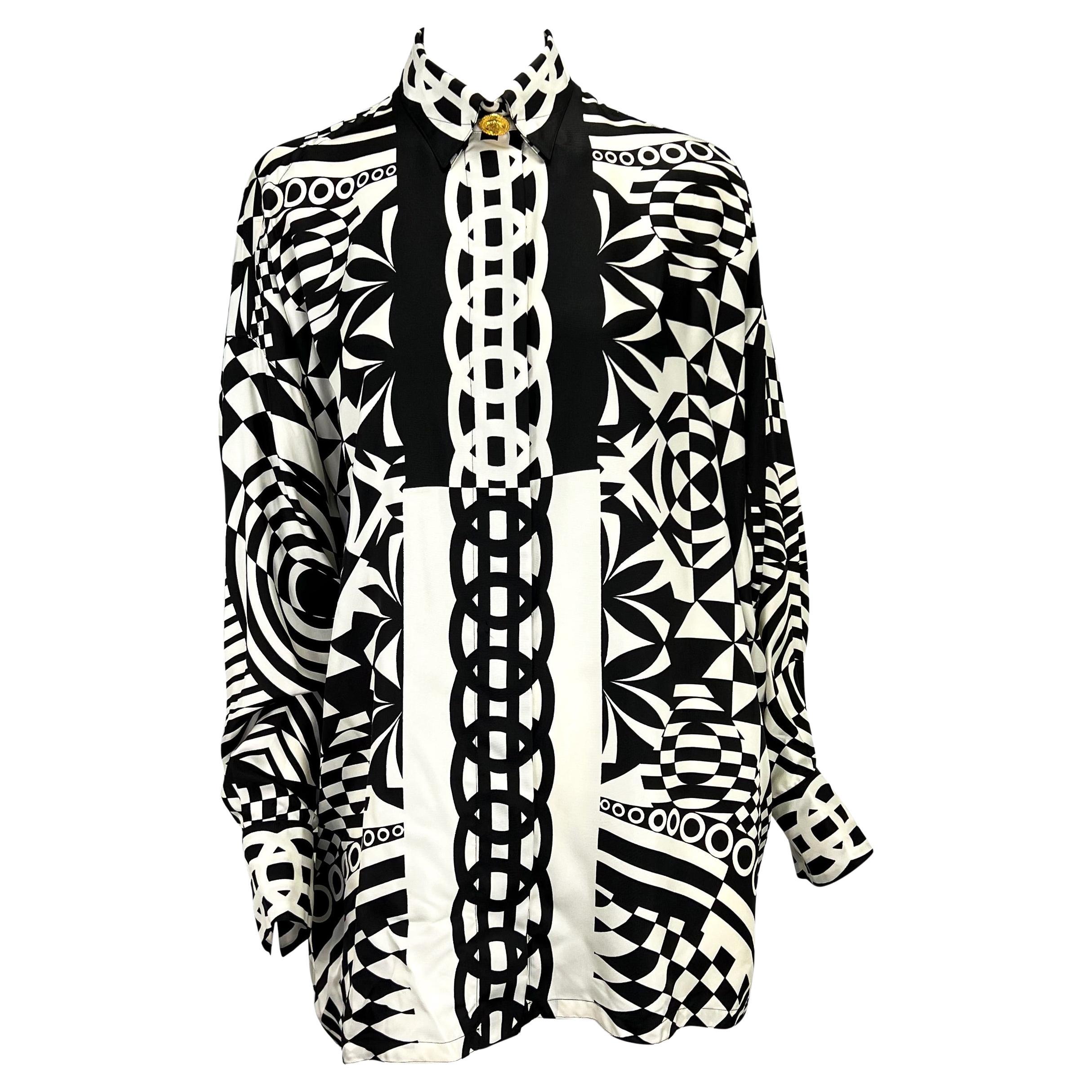 S/S 1992 Gianni Versace Couture Silk Black & White Geometric Print Button Down For Sale