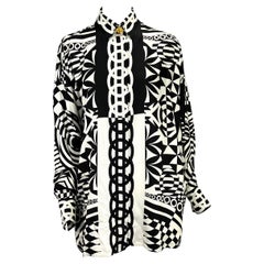 Vintage S/S 1992 Gianni Versace Couture Silk Black & White Geometric Print Button Down