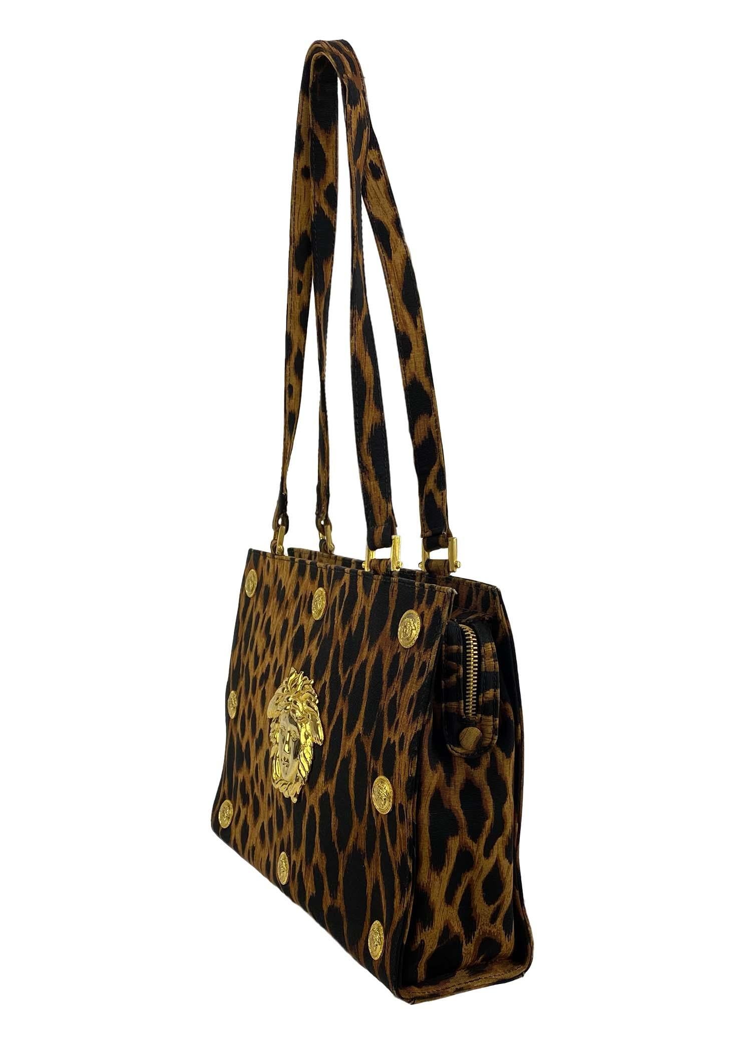 Black S/S 1992 Gianni Versace Leopard Print Shoulder Bag Gold Medusa Medallion For Sale
