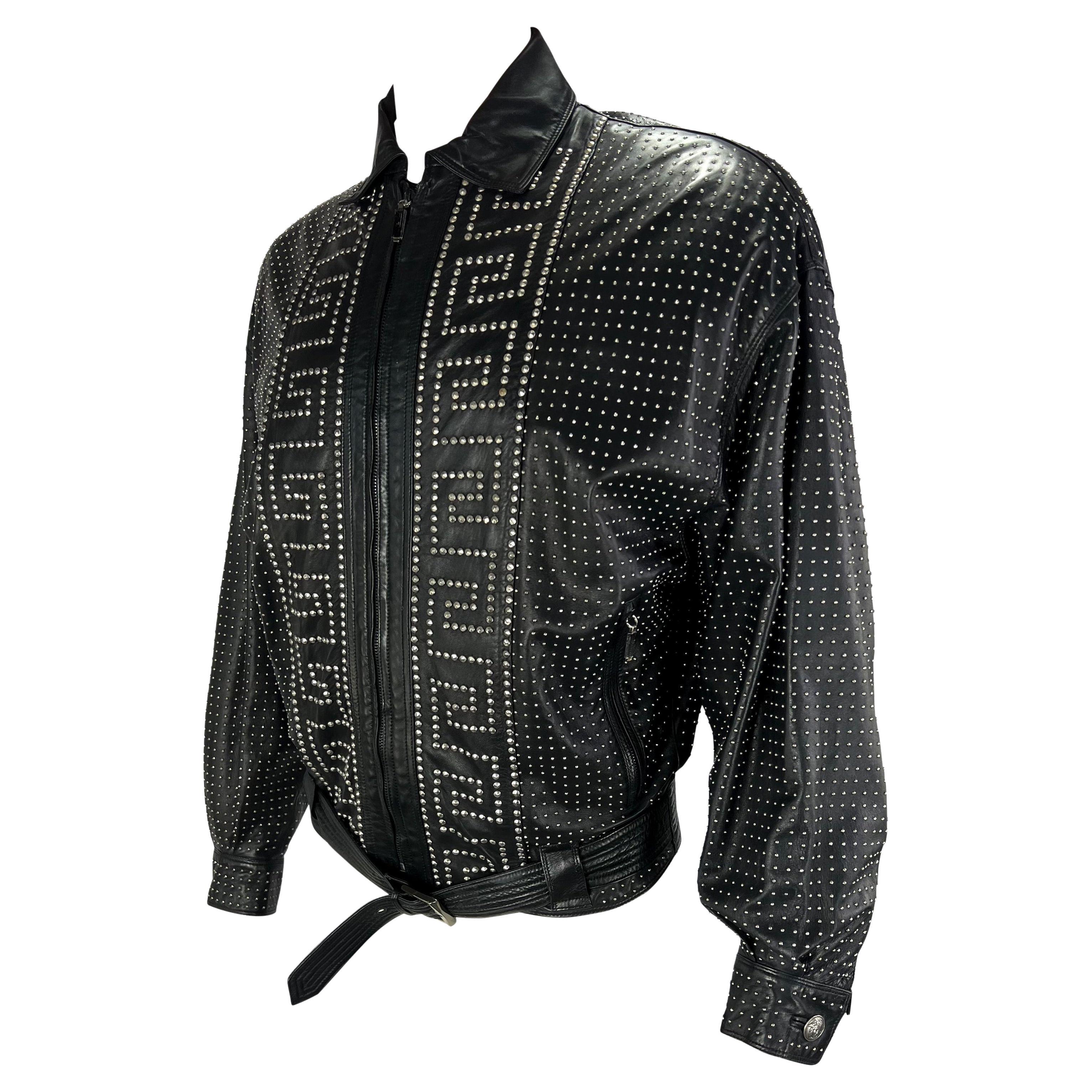 Black S/S 1992 Gianni Versace Men's Runway Studded Leather Greek Key Moto Jacket