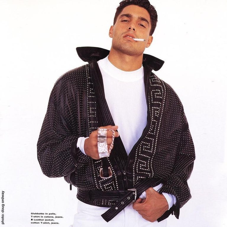 S/S 1992 Gianni Versace Men's Runway Studded Leather Greek Key Moto