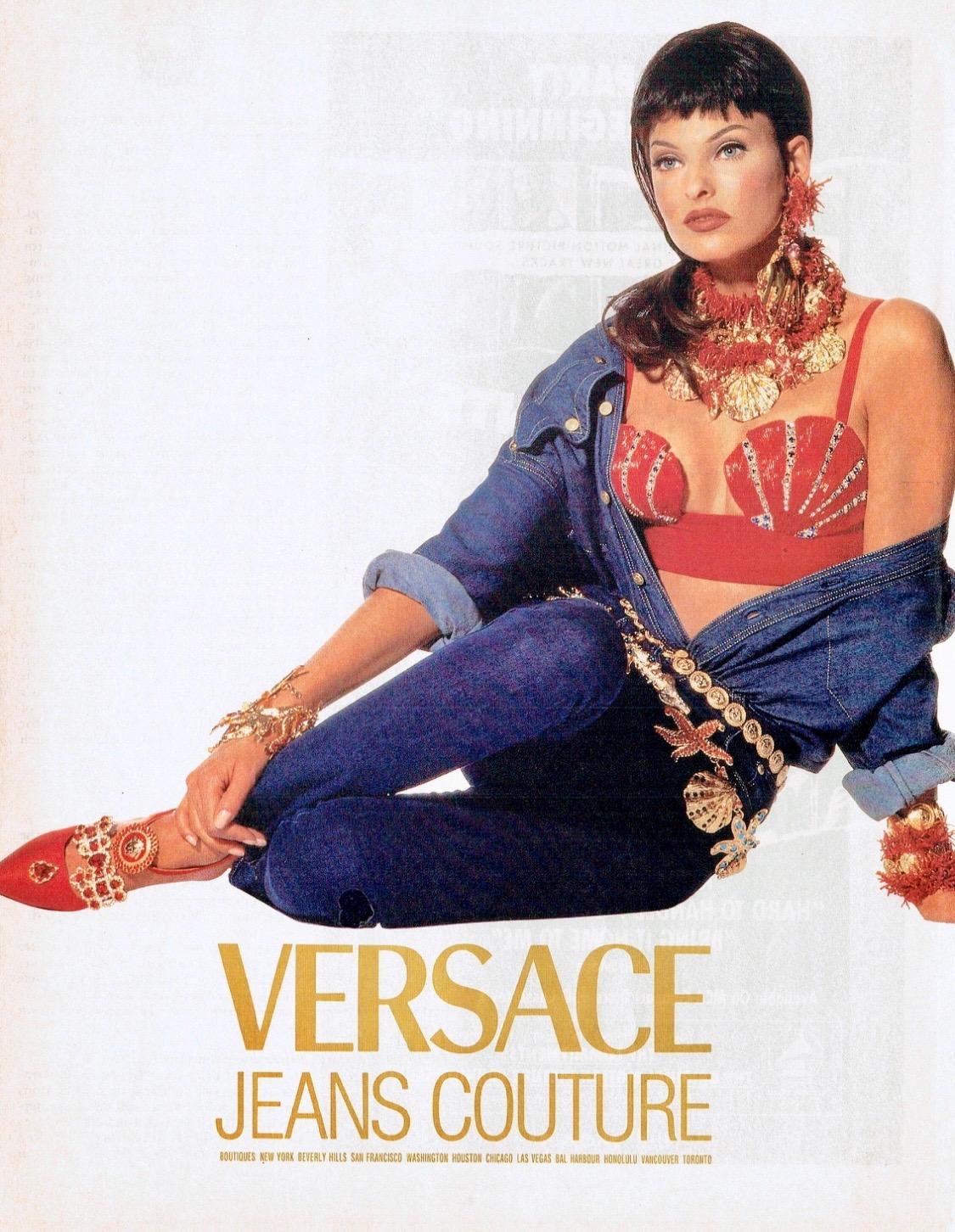 S/S 1992 Gianni Versace Runway Ad Gold Medusa Blue Jean Denim Button Down Top For Sale 7