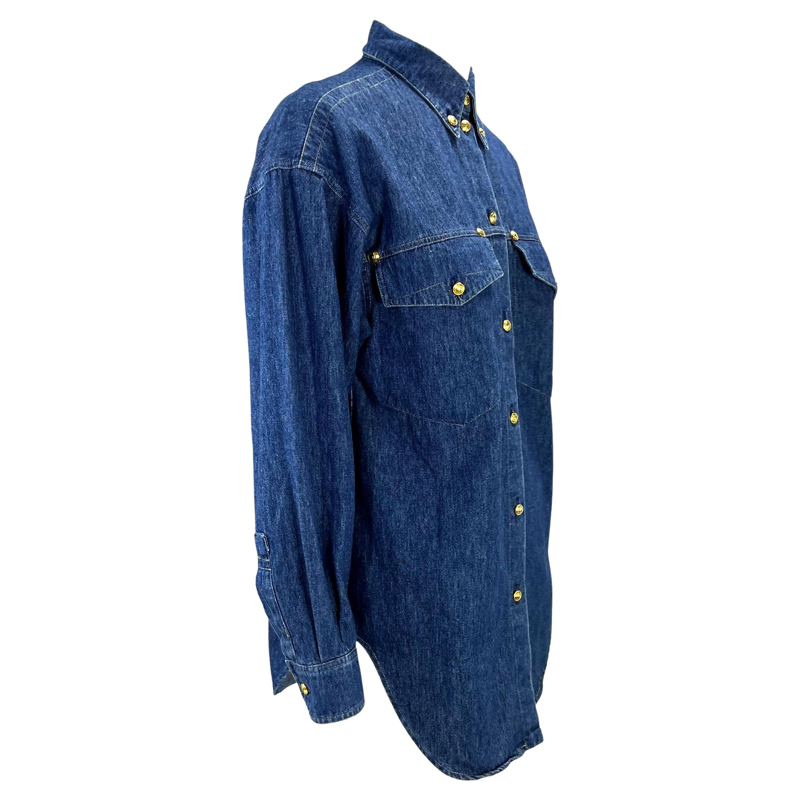 S/S 1992 Gianni Versace Runway Ad Gold Medusa Blue Jean Denim Button Down Top For Sale 9