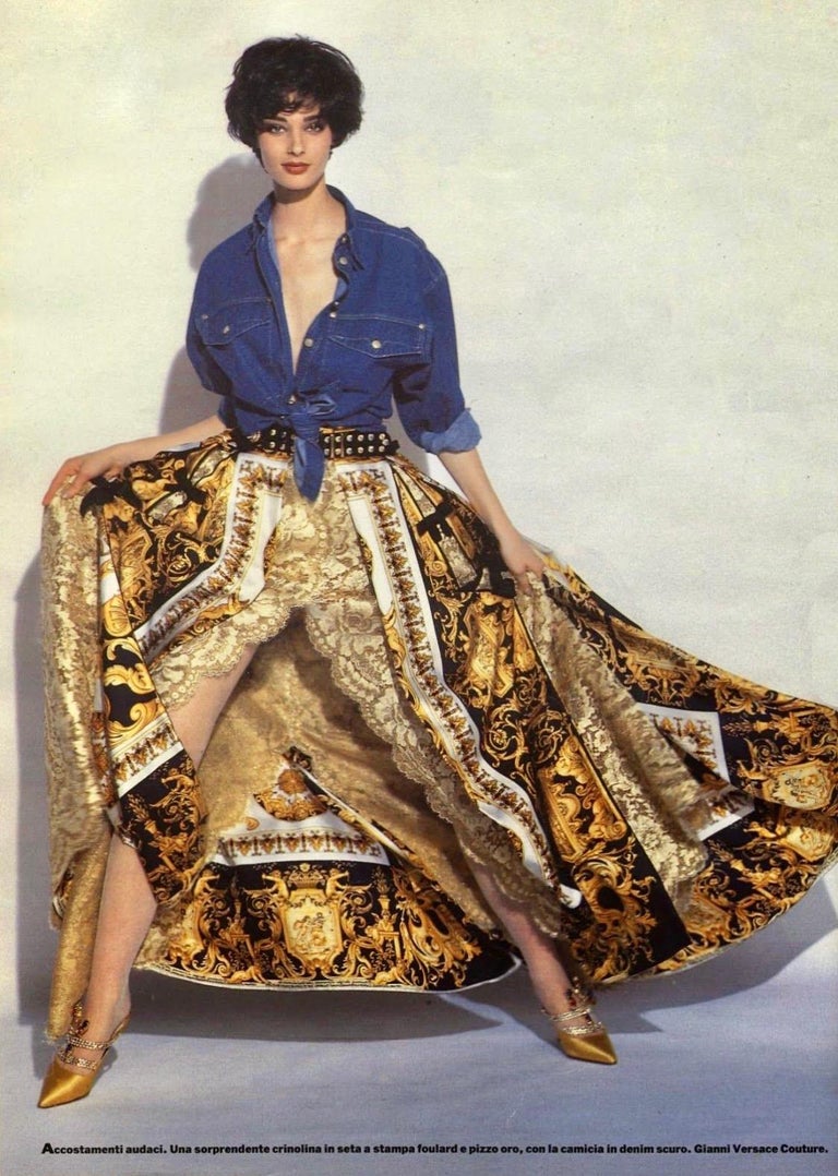 S/S 1992 Gianni Versace Runway Ad Gold Medusa Blue Jean Denim Button ...