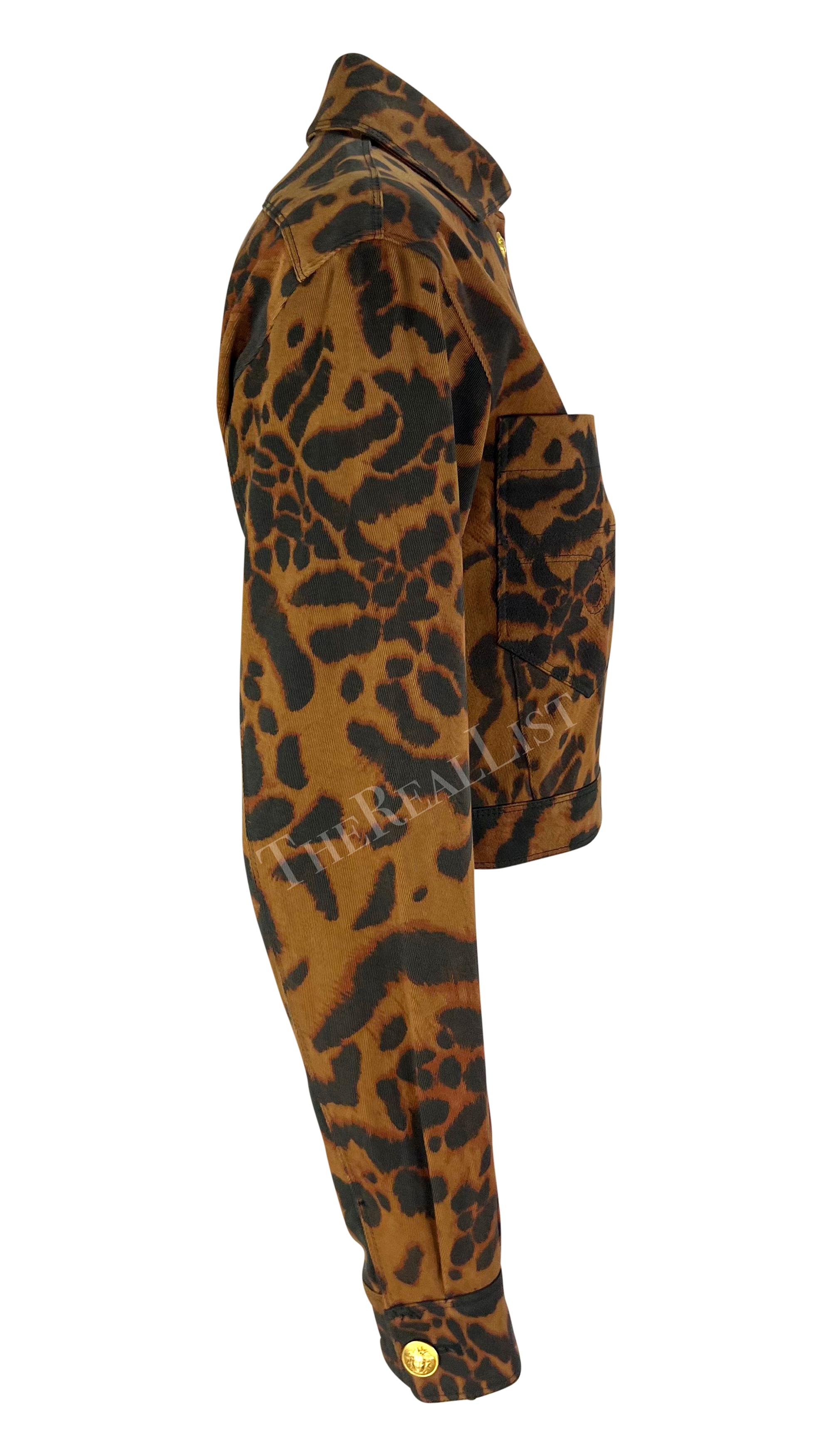 S/S 1992 Gianni Versace Runway Brown Cheetah Print Denim Medusa Cropped Jacket For Sale 6