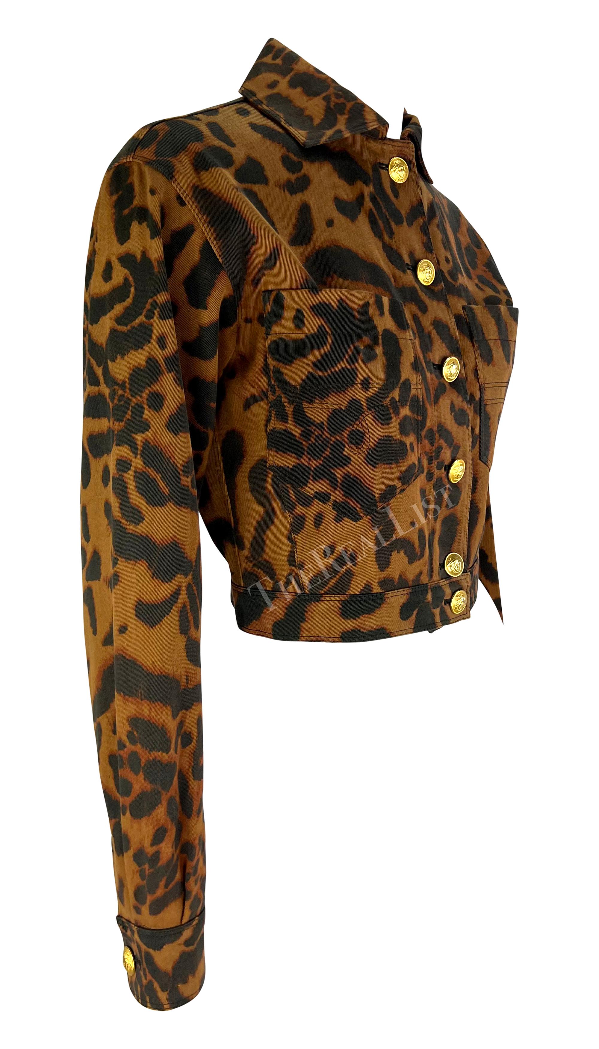 S/S 1992 Gianni Versace Runway Brown Cheetah Print Denim Medusa Cropped Jacket For Sale 7