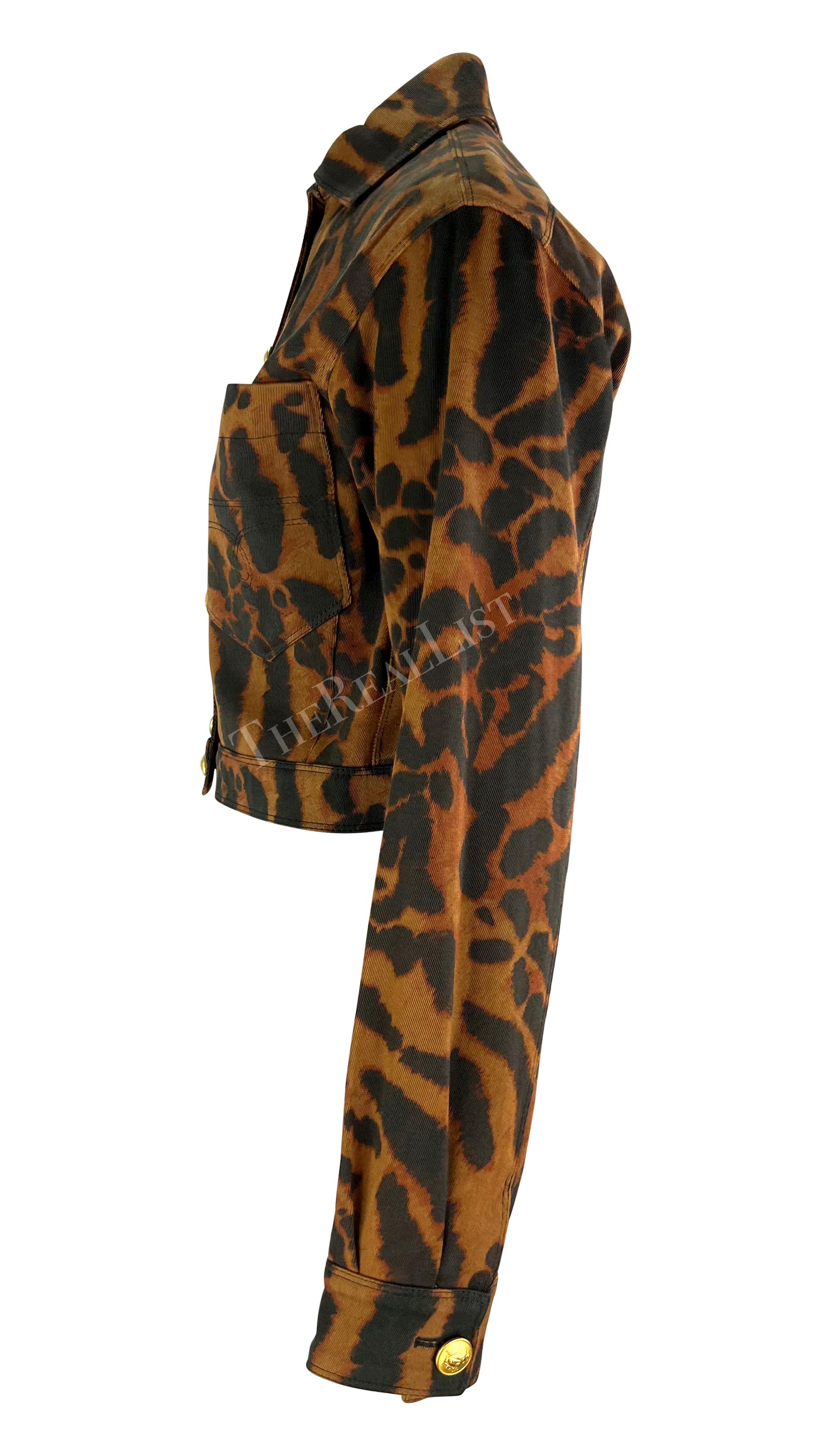 S/S 1992 Gianni Versace Runway Brown Cheetah Print Denim Medusa Cropped Jacket For Sale 4