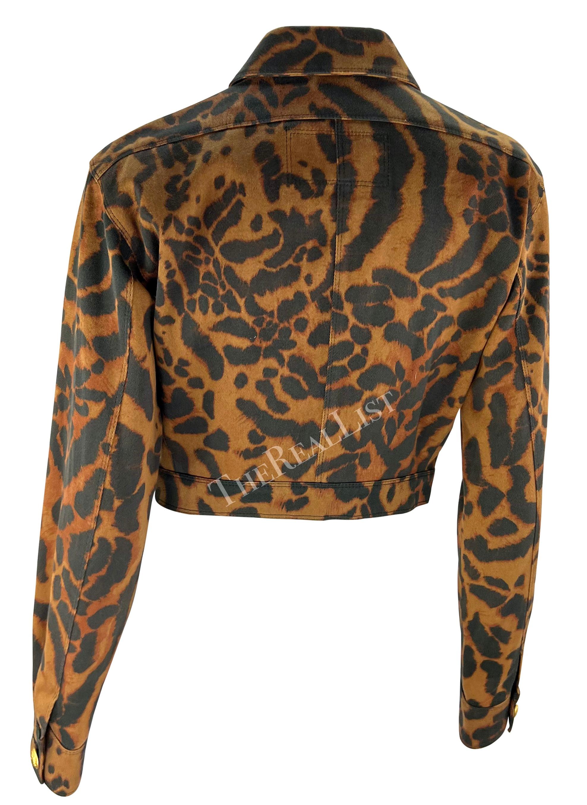 S/S 1992 Gianni Versace Runway Brown Cheetah Print Denim Medusa Cropped Jacket For Sale 5