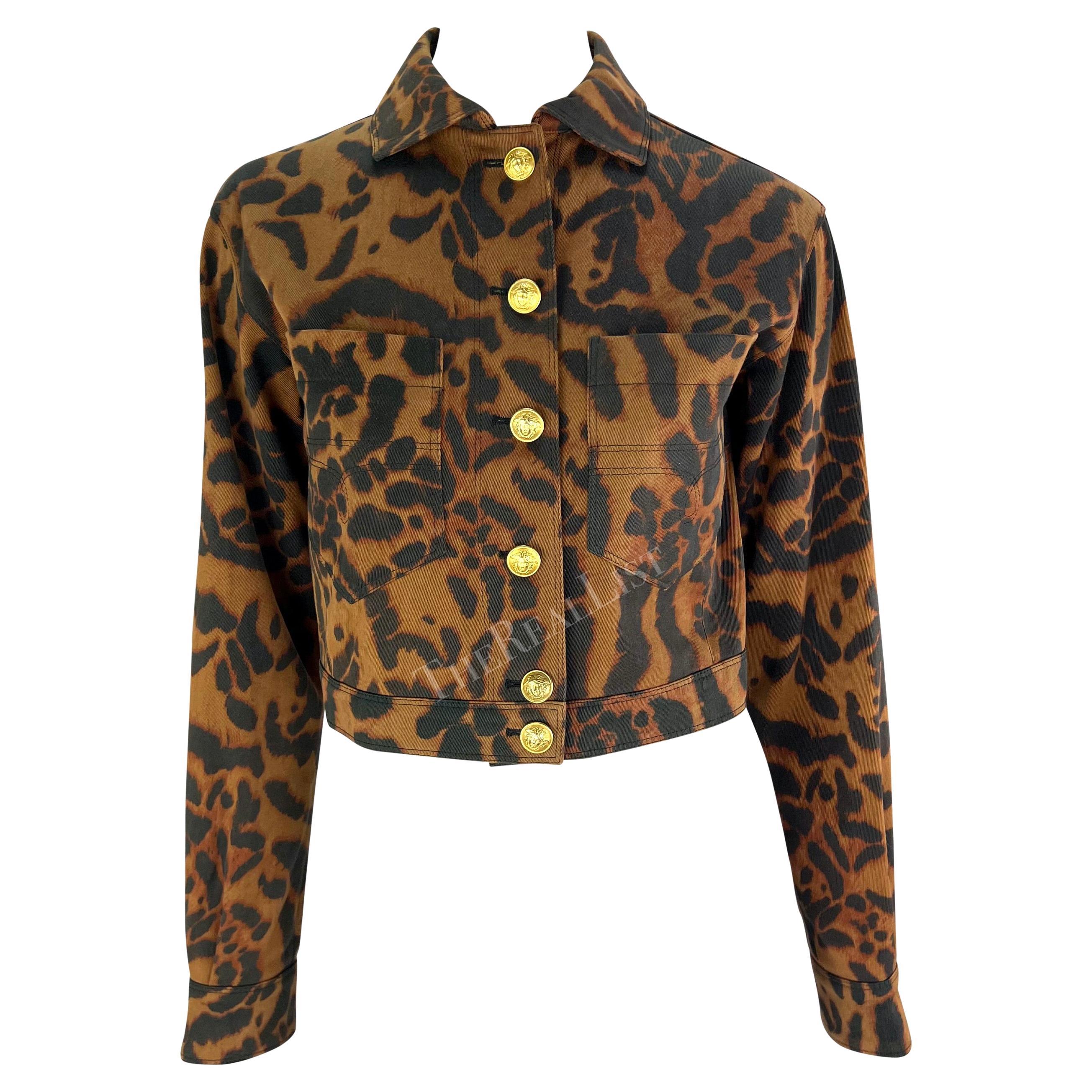 S/S 1992 Gianni Versace Runway Brown Cheetah Print Denim Medusa Cropped Jacket For Sale