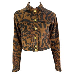 Vintage S/S 1992 Gianni Versace Runway Brown Cheetah Print Denim Medusa Cropped Jacket