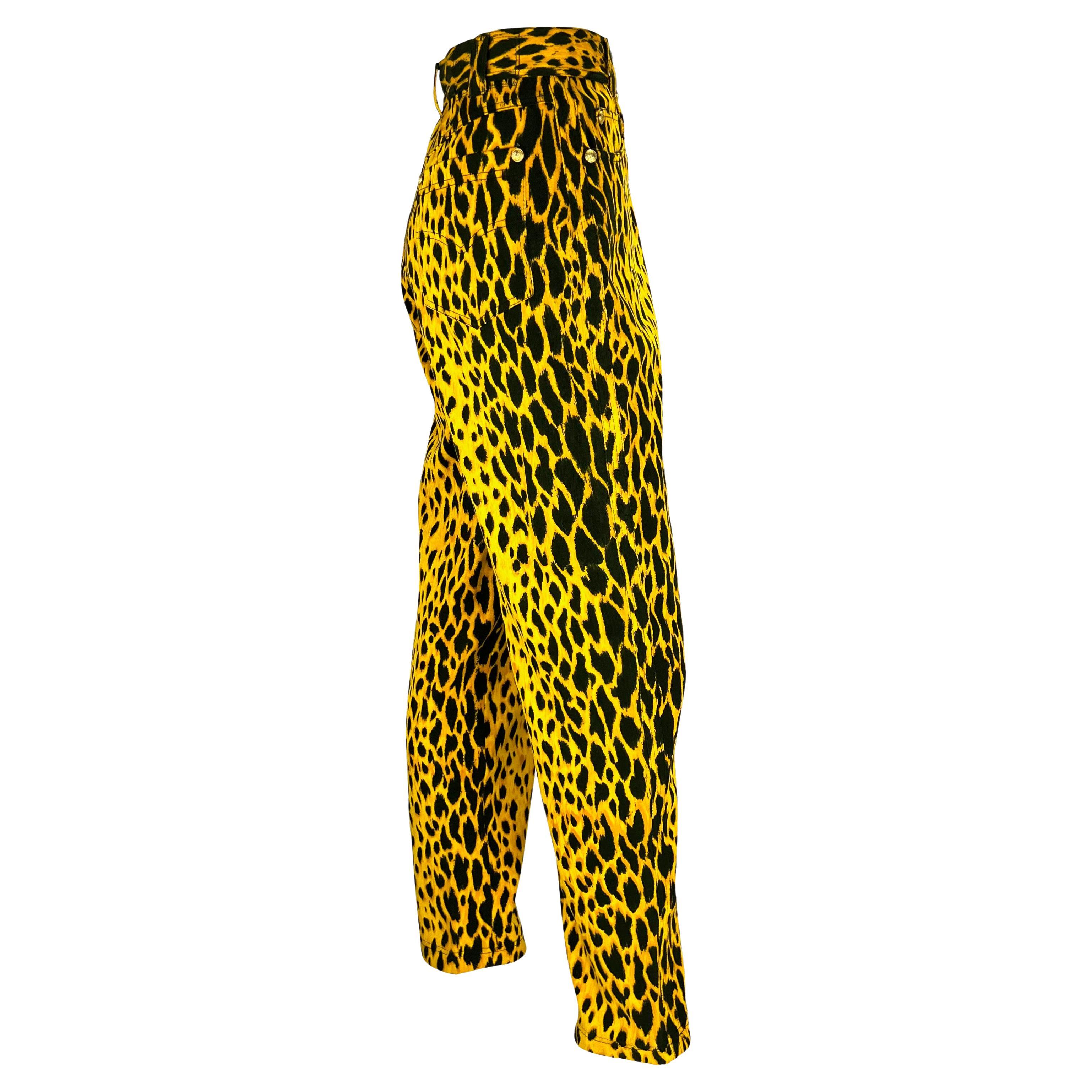S/S 1992 Gianni Versace Runway Cheetah Print Yellow Black Cotton Stretch Jeans For Sale 1