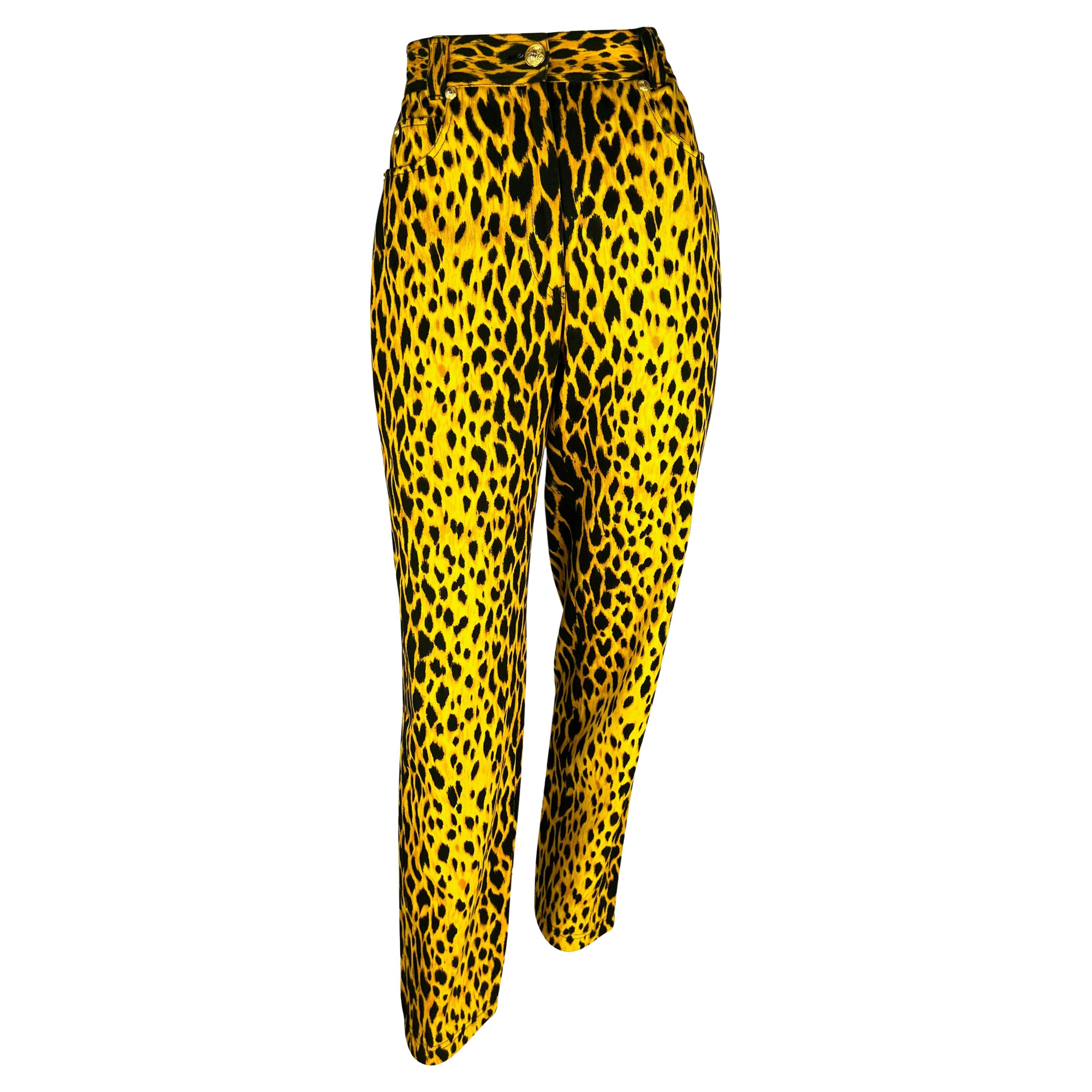 S/S 1992 Gianni Versace Runway Cheetah Print Yellow Black Cotton Stretch Jeans For Sale