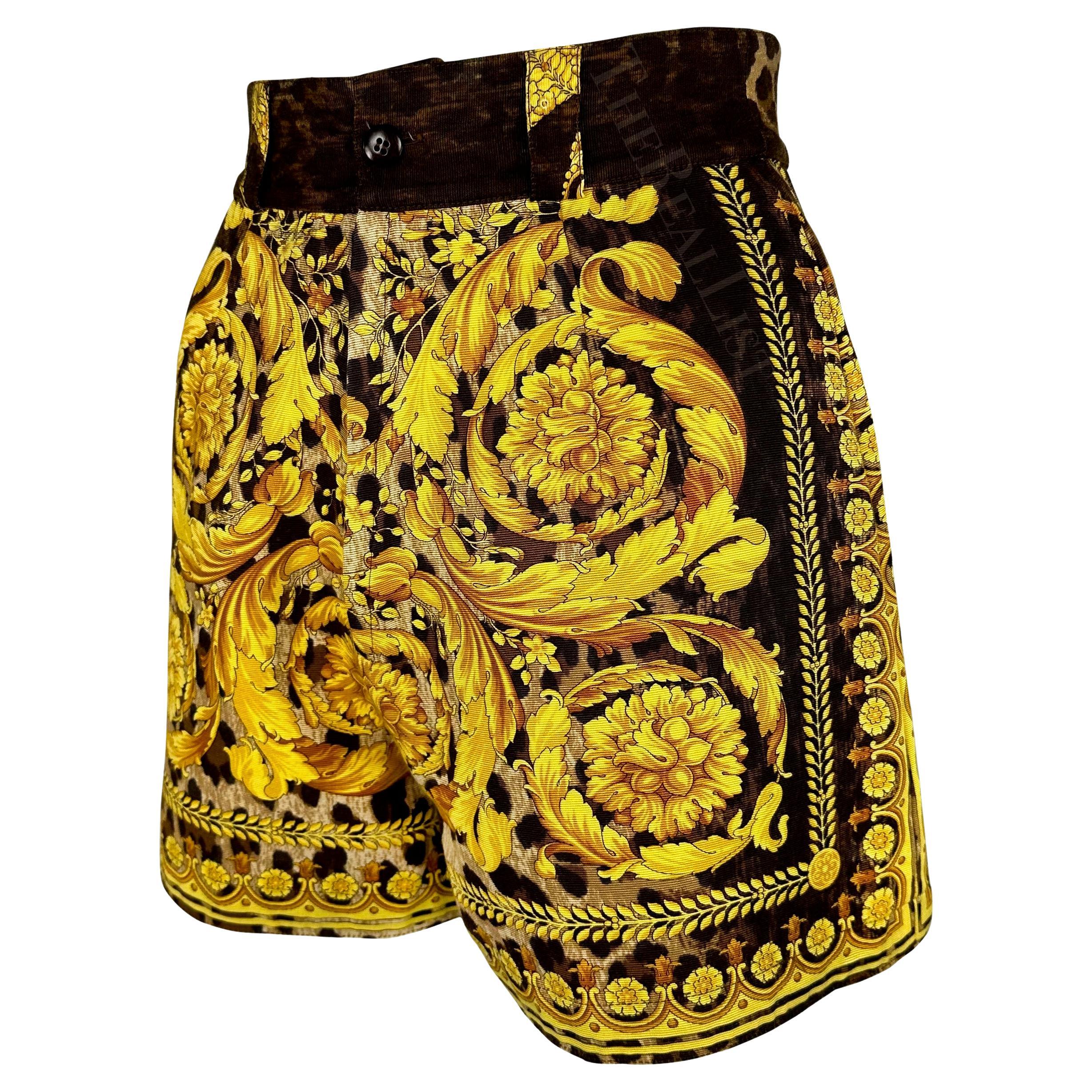 S/S 1992 Gianni Versace Runway Gold Baroque Leopard Print High Waisted Shorts In Good Condition For Sale In West Hollywood, CA