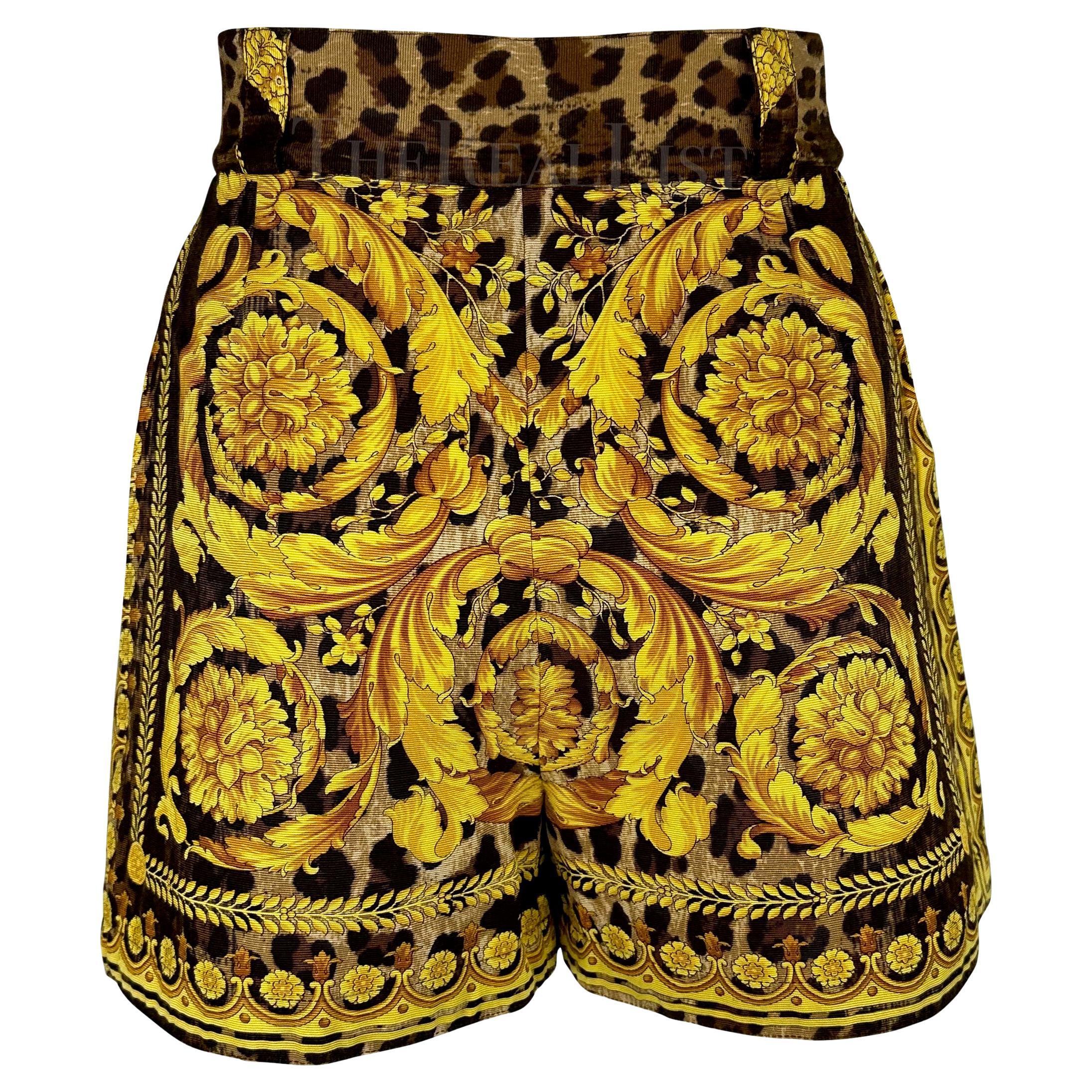 S/S 1992 Gianni Versace Runway Gold Baroque Leopard Print High Waisted Shorts For Sale 1