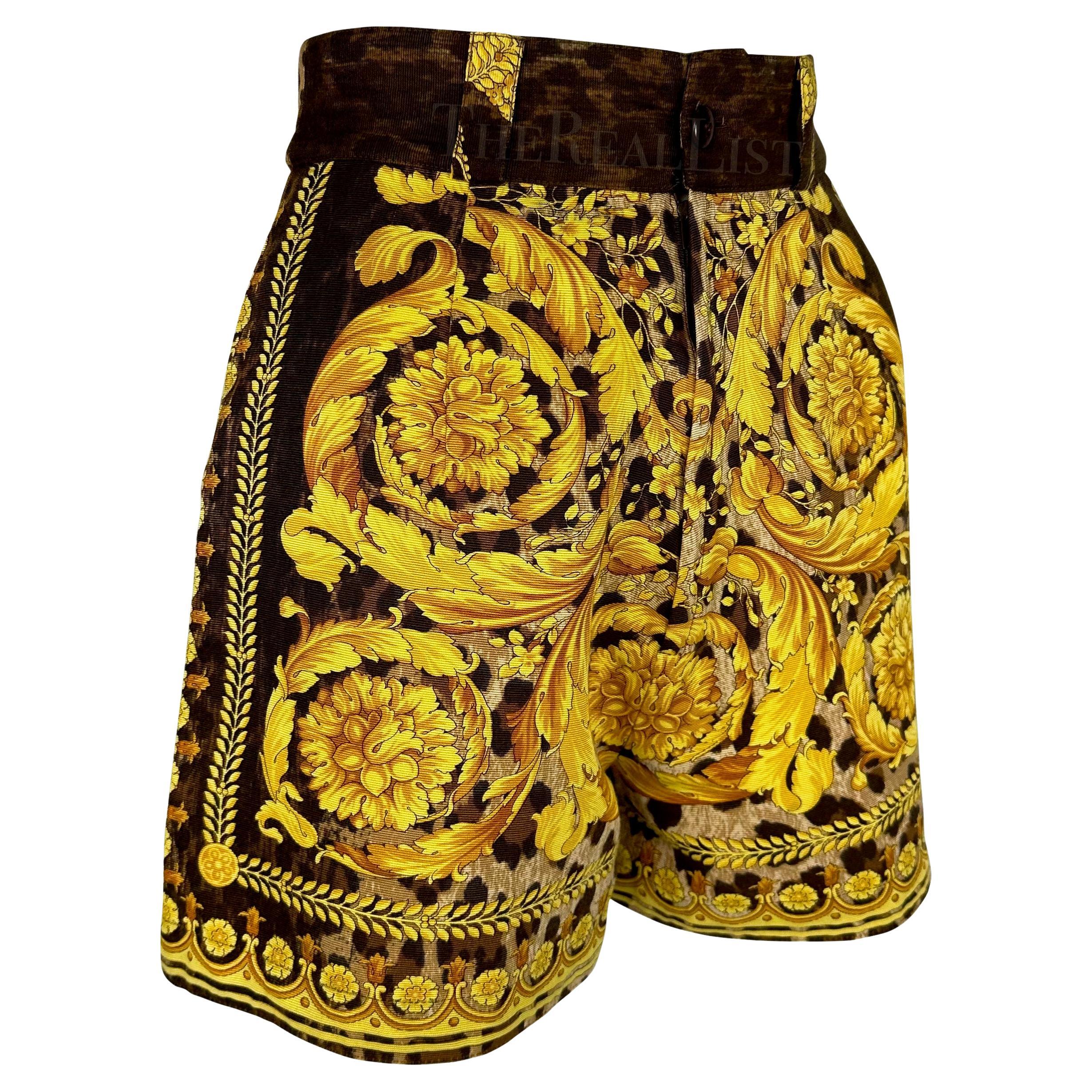 S/S 1992 Gianni Versace Runway Gold Baroque Leopard Print High Waisted Shorts For Sale 3