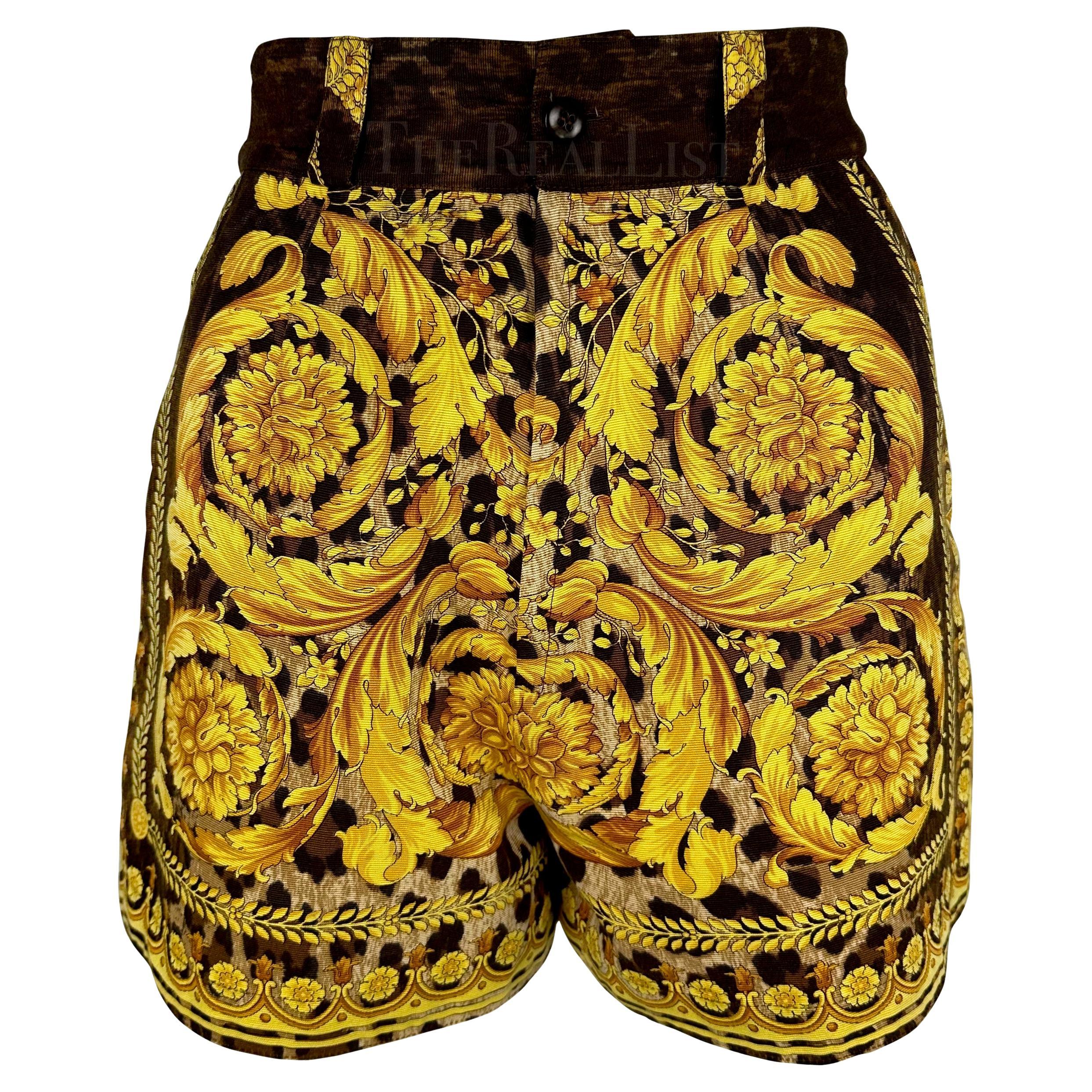S/S 1992 Gianni Versace Runway Gold Baroque Leopard Print High Waisted Shorts For Sale