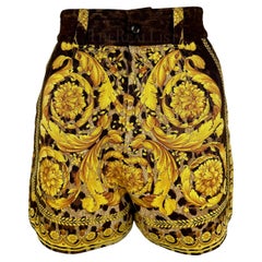 Retro S/S 1992 Gianni Versace Runway Gold Baroque Leopard Print High Waisted Shorts