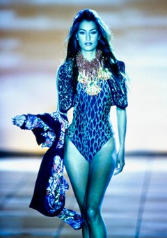 S/S 1992 Gianni Versace Yellow Cheetah Print One Piece Swim Body Suit