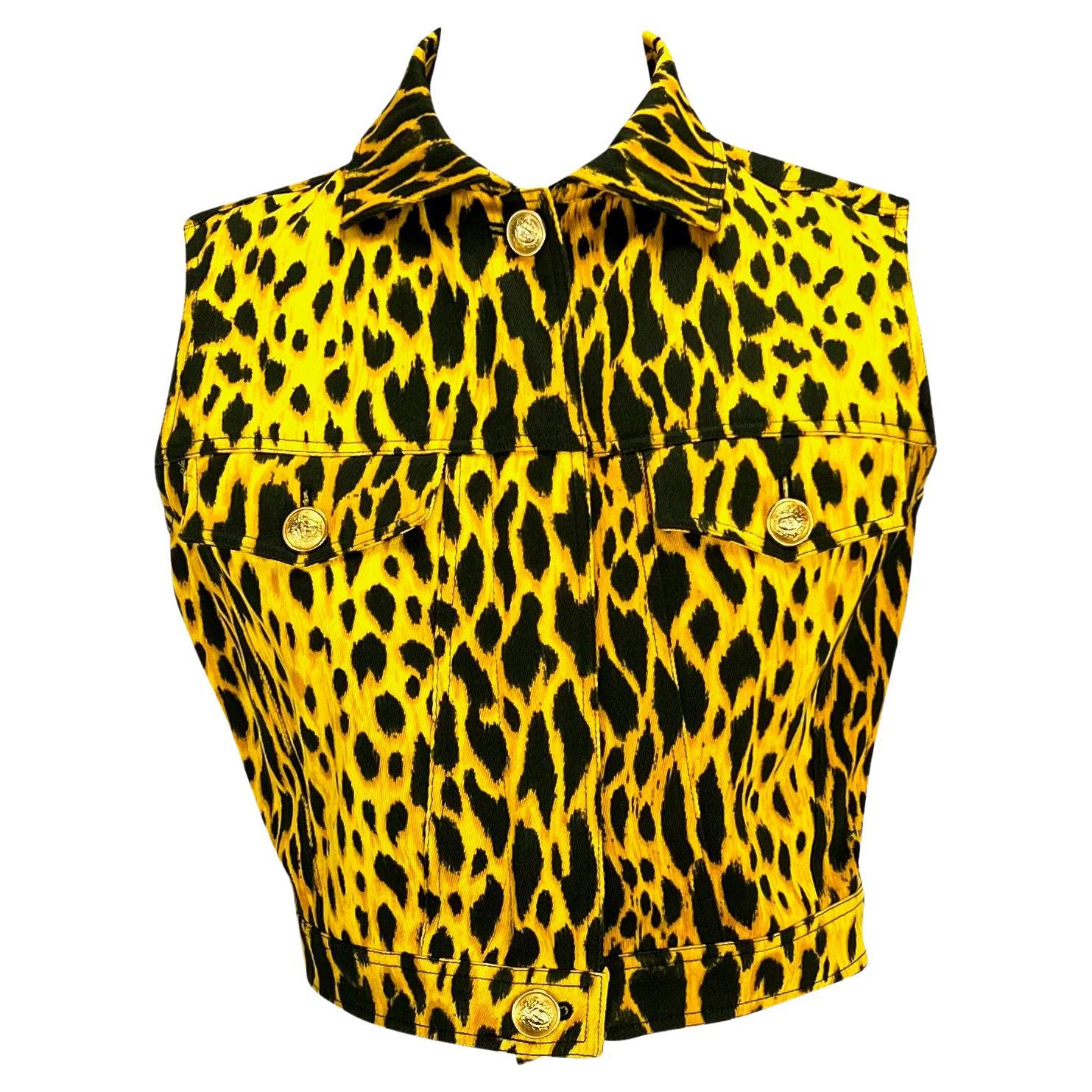 F/S 1992 Gianni Versace Gelbe Medusa Weste mit Leopardenmuster und Knopfleiste und Reißverschluss Top