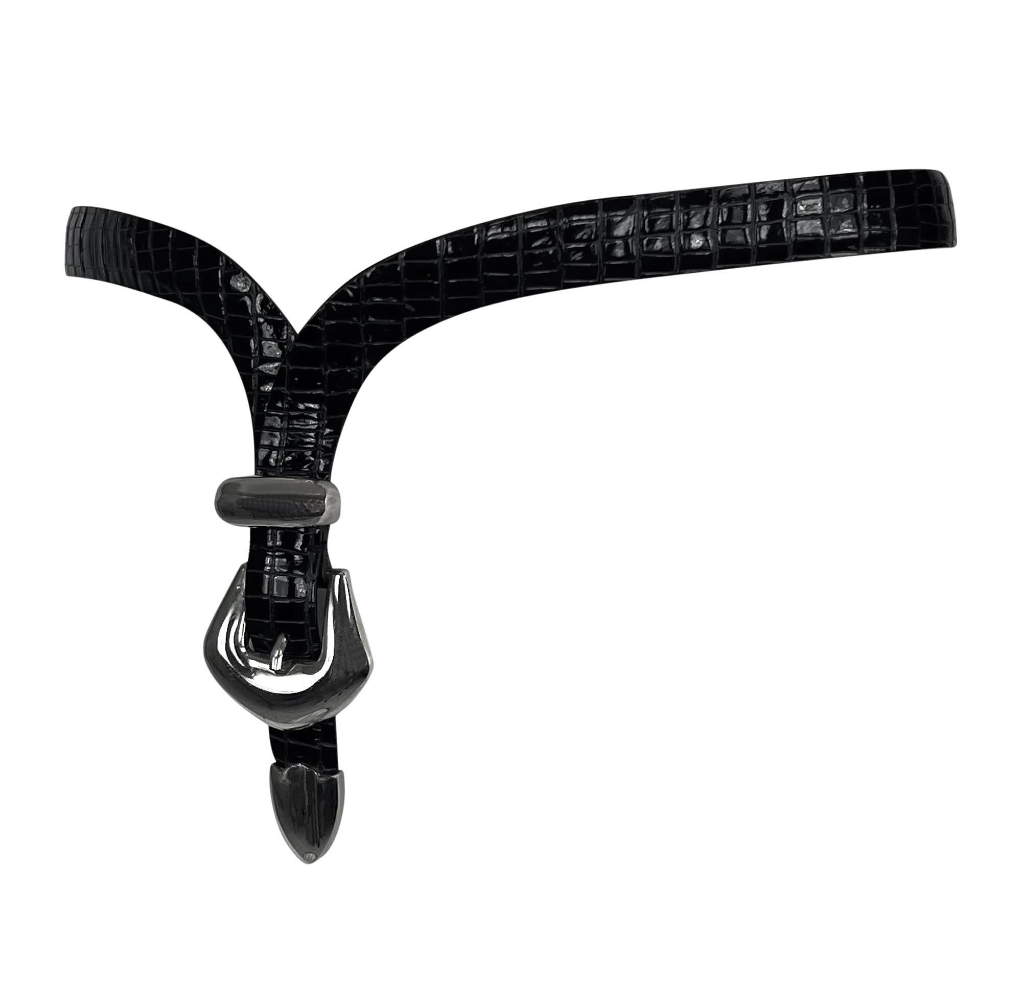 Black S/S 1992 Giorgio Armani Runway Lariat Style Faux Buckle Leather Waist Belt