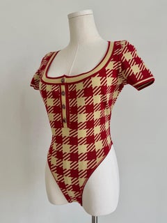 S/S 1992 Roter und elfenbeinfarbener grafischer Hahnentritt-Strick-Bodysuit