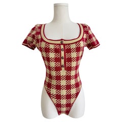 S/S 1992 Roter und elfenbeinfarbener grafischer Hahnentritt-Strick-Bodysuit