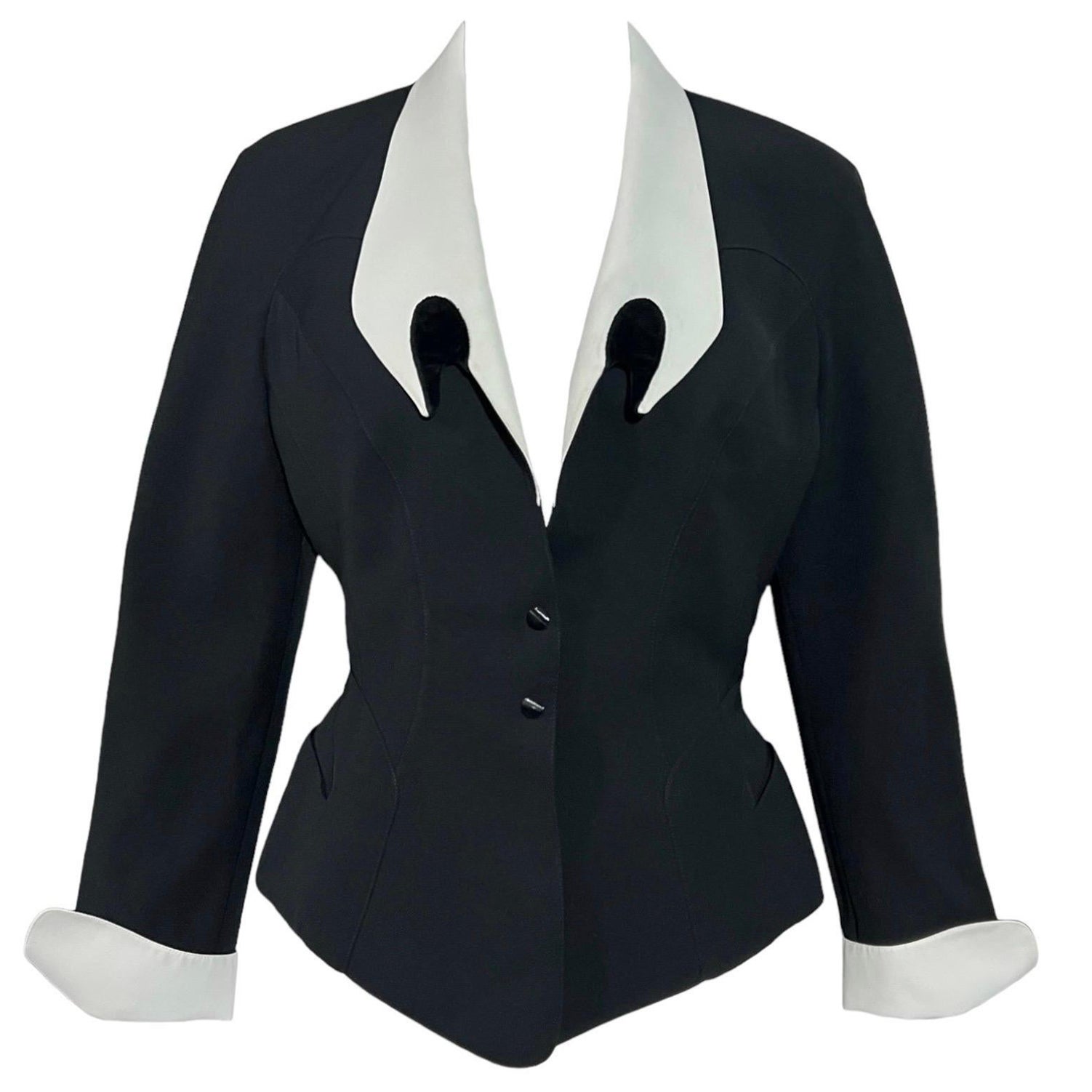 Thierry Mugler - Veste de défilé noire avec col blanc spectaculaire, printemps-été 1992