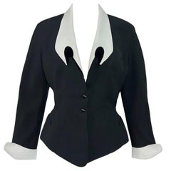 S/S 1992 Thierry Mugler Black Runway Jacket Dramatic White Collar