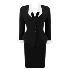 S/S 1992 Thierry Mugler Runway Curved White Lapel Black Velvet Detail Skirt Suit