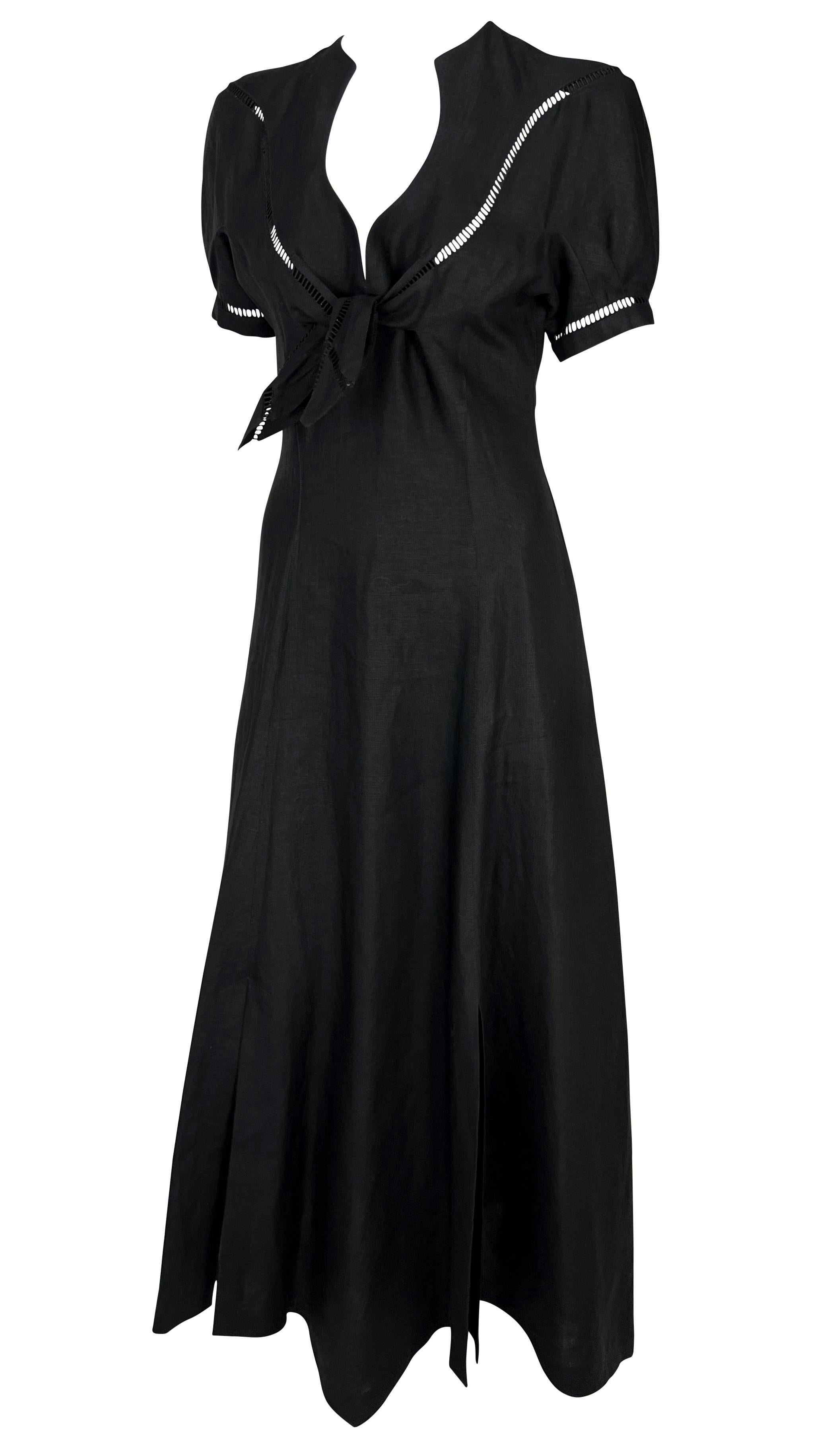 TheRealList presents: a fabulous black linen Thierry Mugler dress, designed by Manfred Mugler. From the Spring/Summer 1992 collection, similar tie-front dresses on the season's couture runway. This chic dress is constructed entirely of black linen