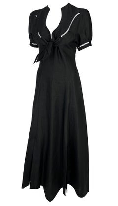 S/S 1992 Thierry Mugler Sheer Black Linen Tie Slit Maxi Flare Western Dress