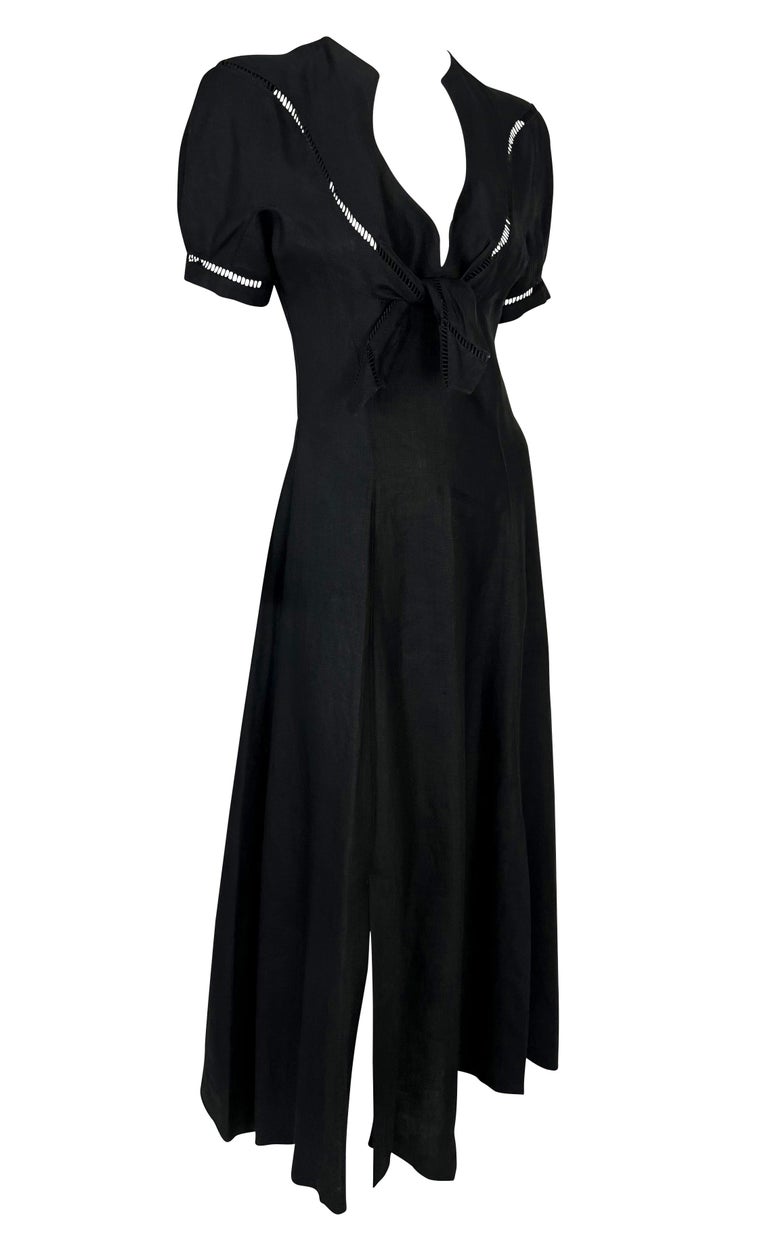 S/S 1992 Thierry Mugler Sheer Black Linen Tie Slit Maxi Flare Western Dress  at 1stDibs