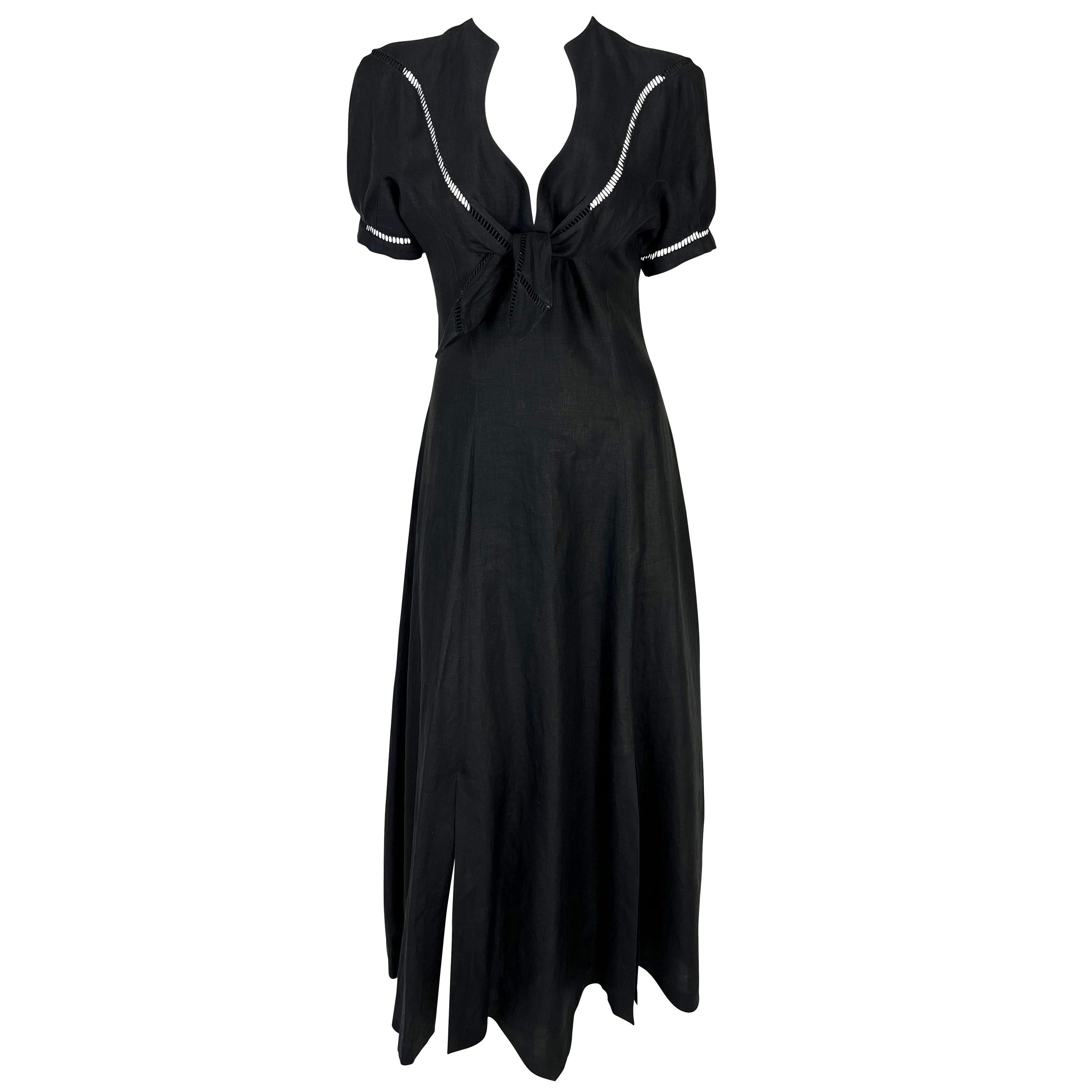 S/S 1992 Thierry Mugler Sheer Black Linen Tie Slit Maxi Flare Western Dress
