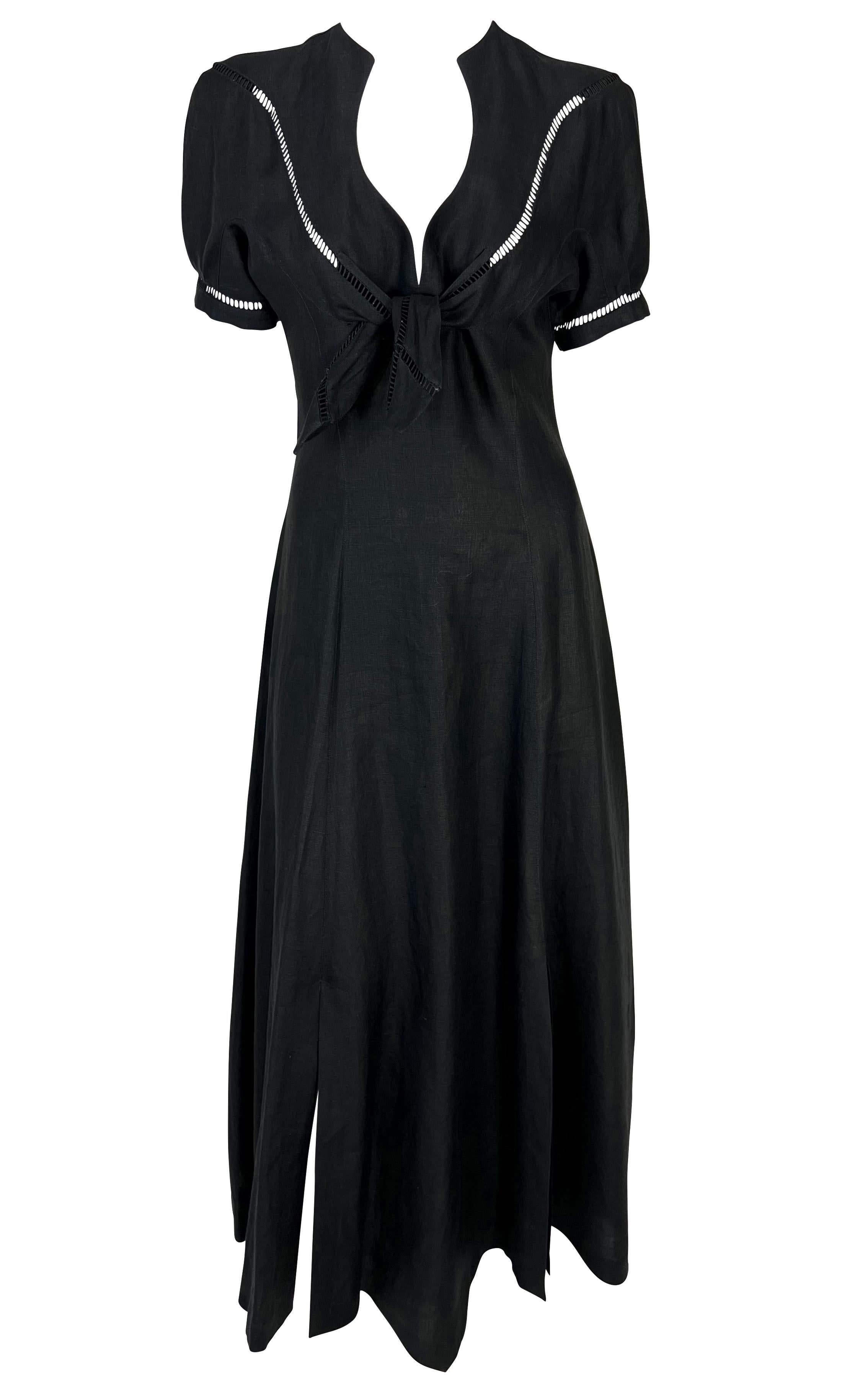 S/S 1992 Thierry Mugler Sheer Black Linen Tie Slit Maxi Flare Western Dress For Sale